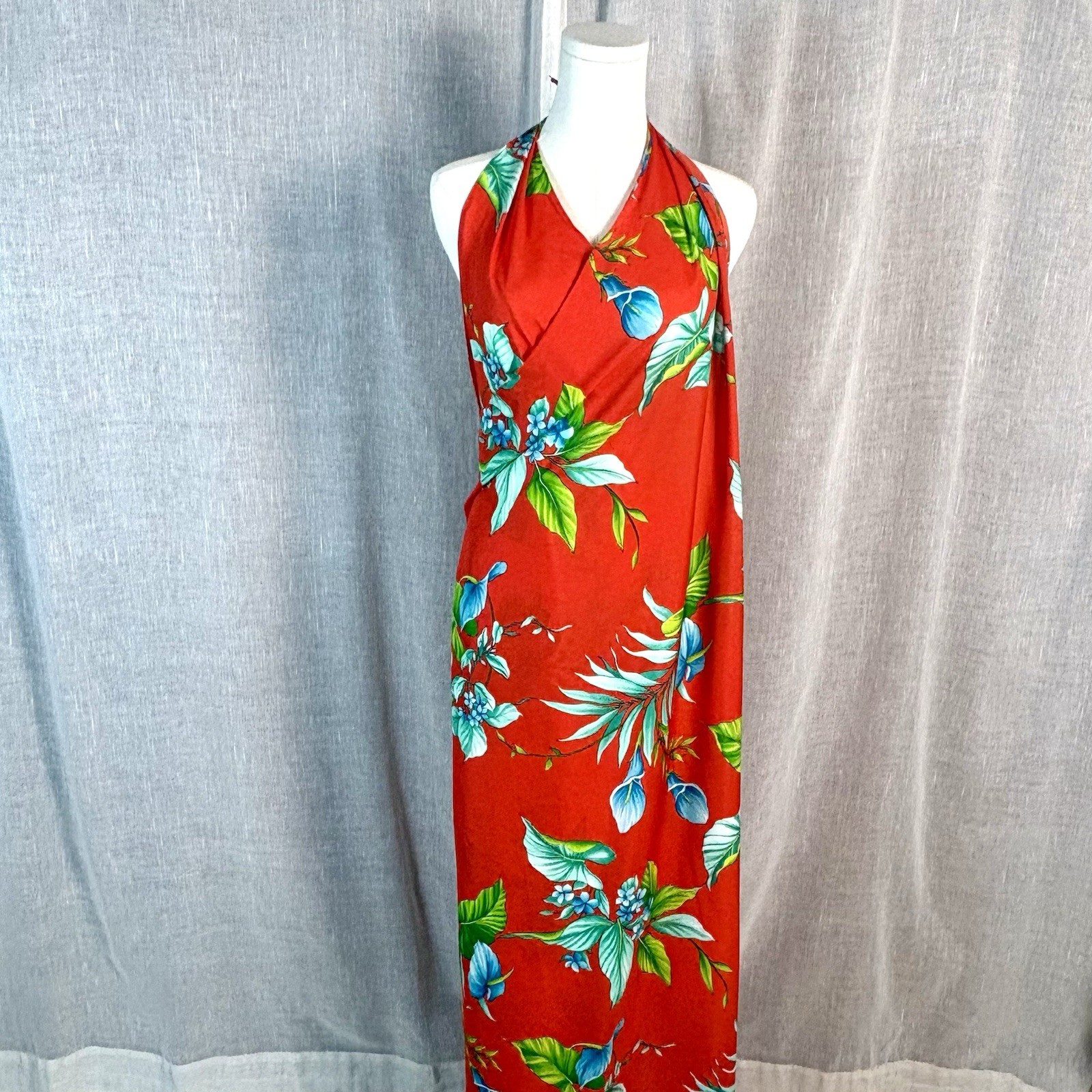 Vintage 80’s Lauhala Hawaiian Red Sarong Dress Skirt One Size Tiki Floral Swim