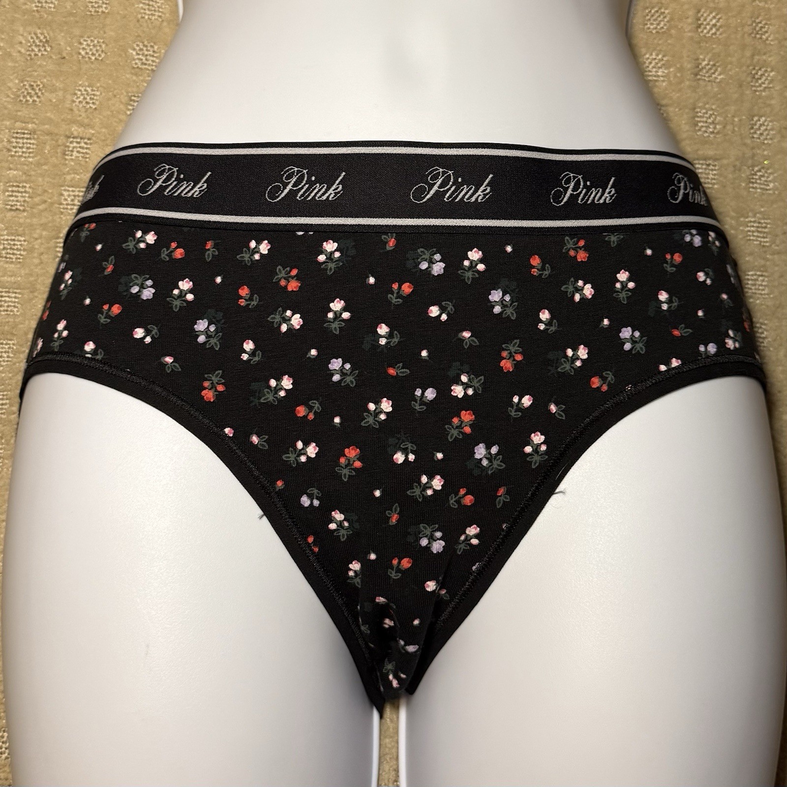 NWT Victoria’s Secret PINK Black Floral Cotton Hipster Bikini Panties Size L/7
