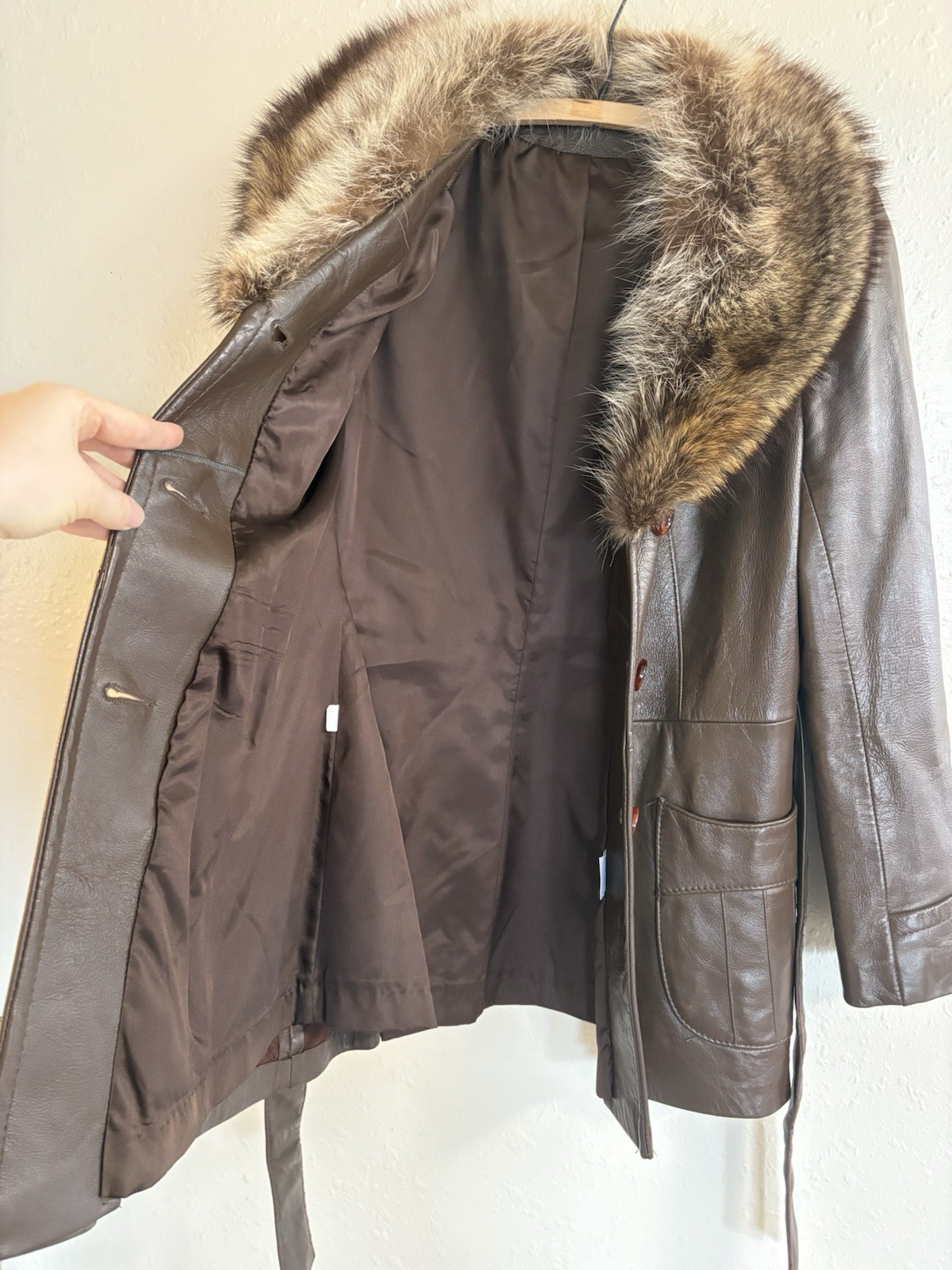 70s Womens S Raccoon Fur Brown Leather Peter Caruso Belted Jacket Coat Vintage