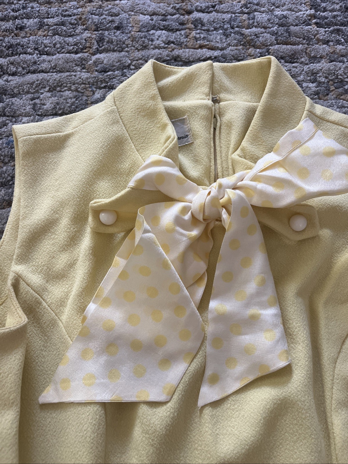 Vintage 1960s JSE California Polka Dot Scarf Butter Yellow A-Line Dress With Zip