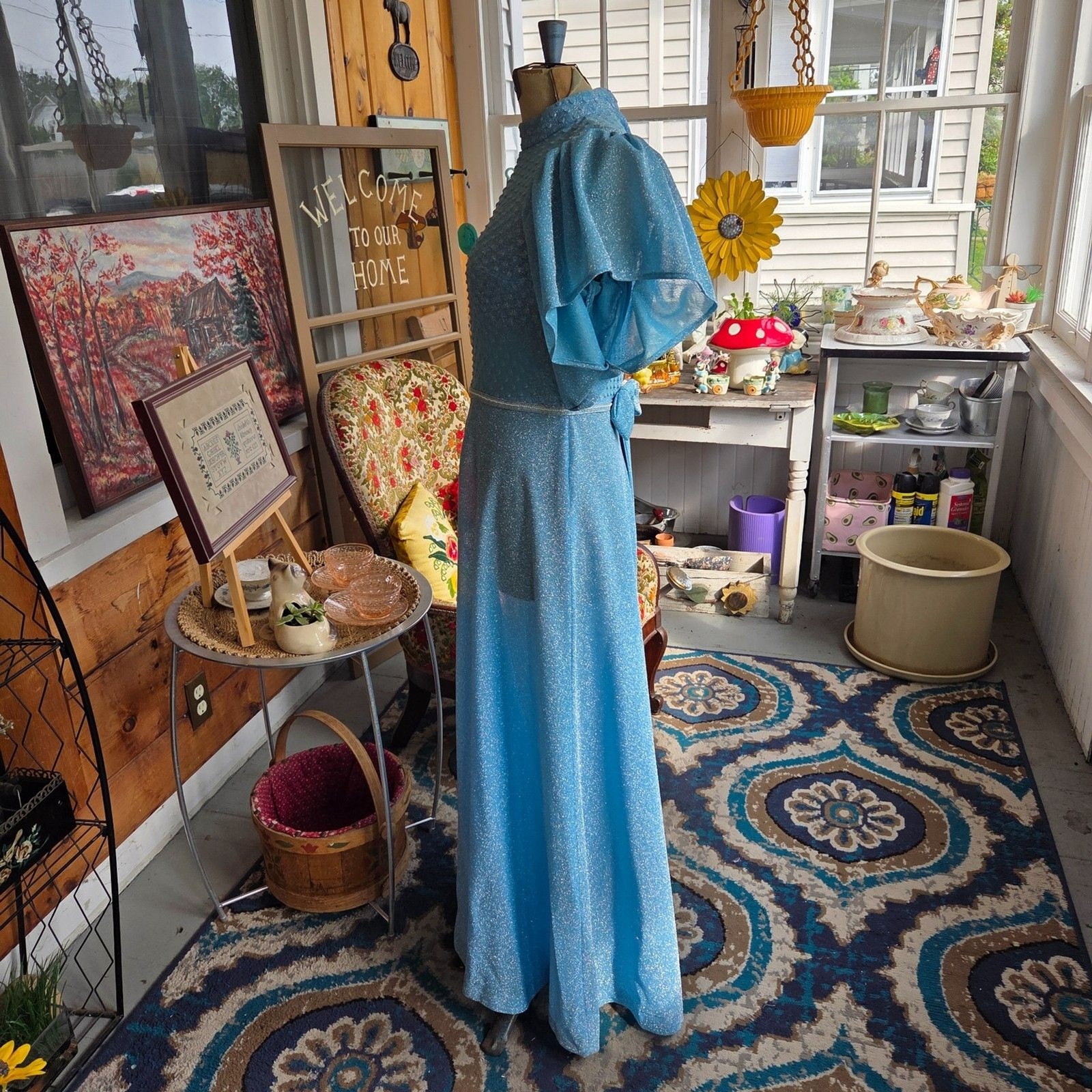 Vintage 60s Lurex Metallic Blue Maxi Disco Puffed Sleeves Transparent Size Small
