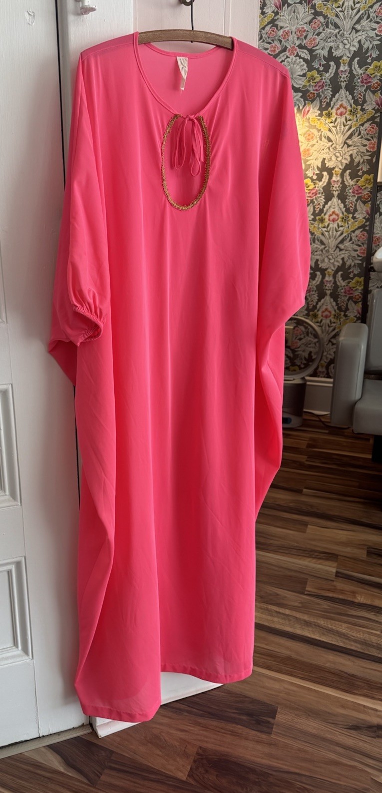Vintage 60’s 70’s Hostess Caftan Nightgown Nylon Day-glo Pink Maxi Dress Onesize