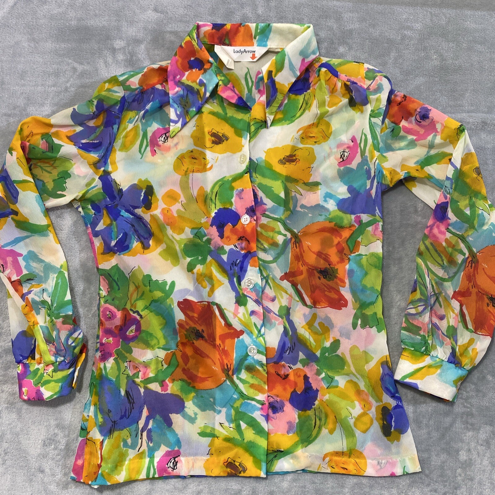 Vintage 70’s Retro Button Down Shirt Blouse Top Lady Arrow Oversized Collar Sz M