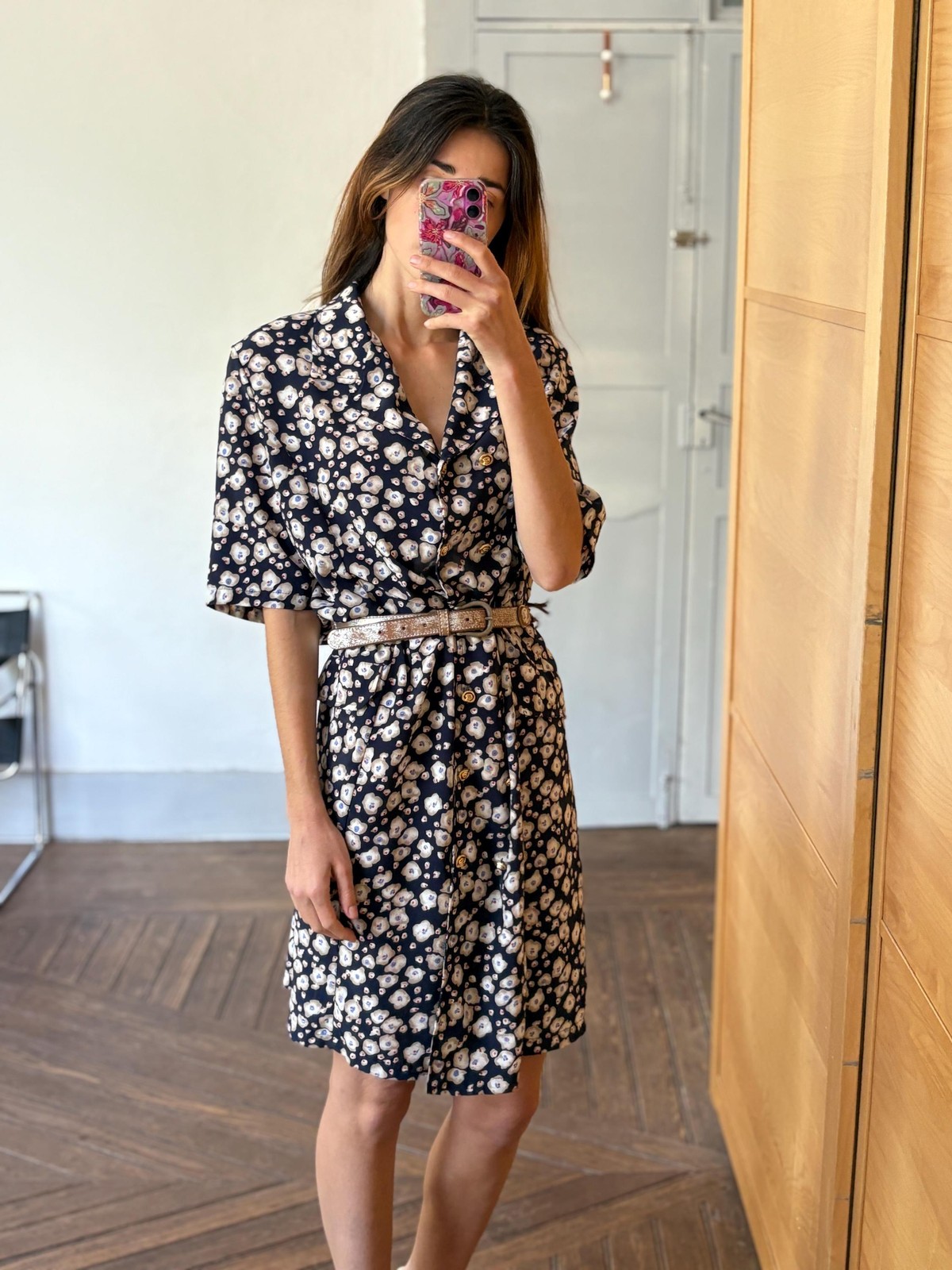 Vintage floral blue dress, Flower print housewife dress, Retro 80s woman style