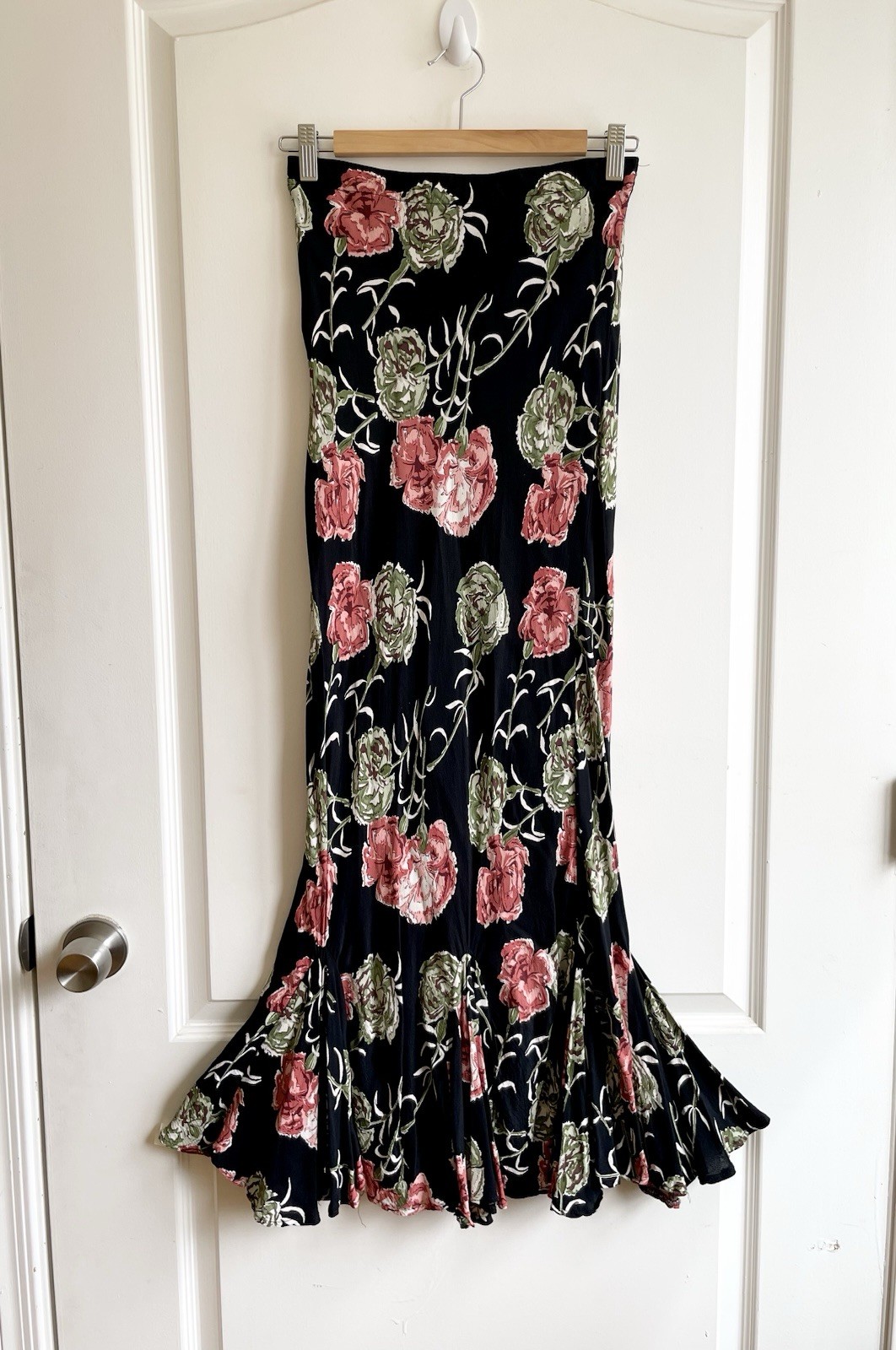 Vintage Womens Mermaid Trim Fishtail Ruffle Skirt Rose Buds Size XS/S Romantic