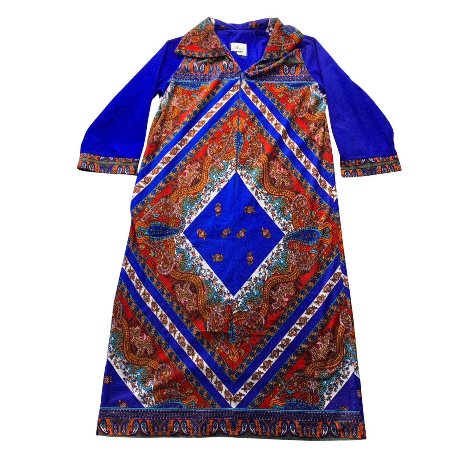 Vtg Plaza 9 Blue Psychedelic Paisley Geometric Velour Robe House Dress 70s Sm/Md