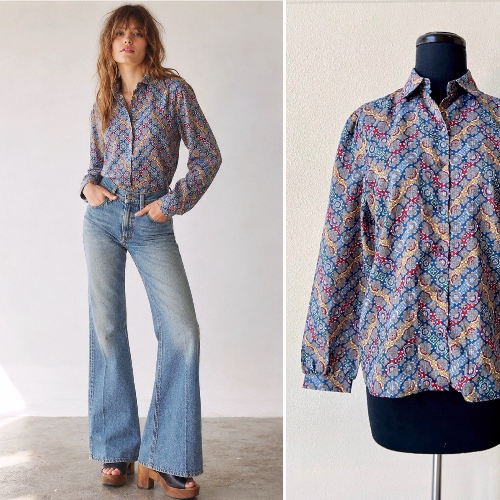 Vintage 70s Levi’s Bend Over Blouse Top Women’s Large Geometric Disco Hippie