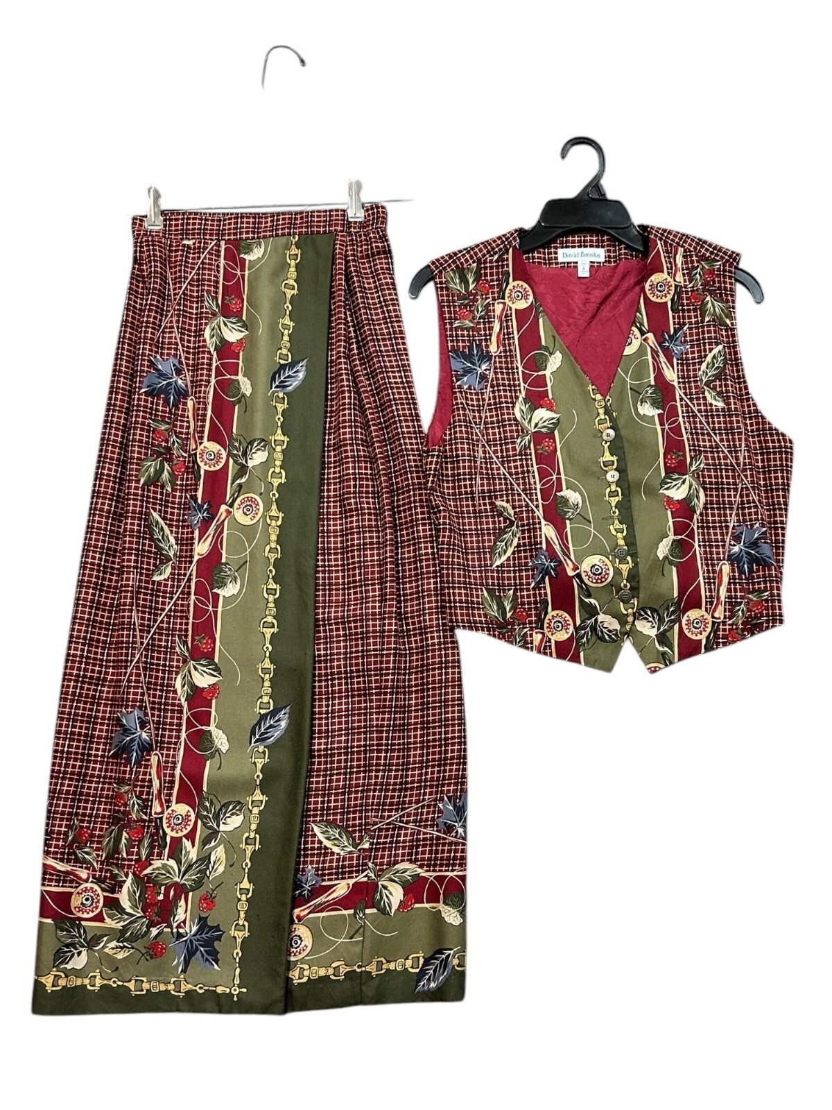 VTG David Brooks Womens Size 4 Plaid Skirt & Vest Set W Floral Details Wrap Zip