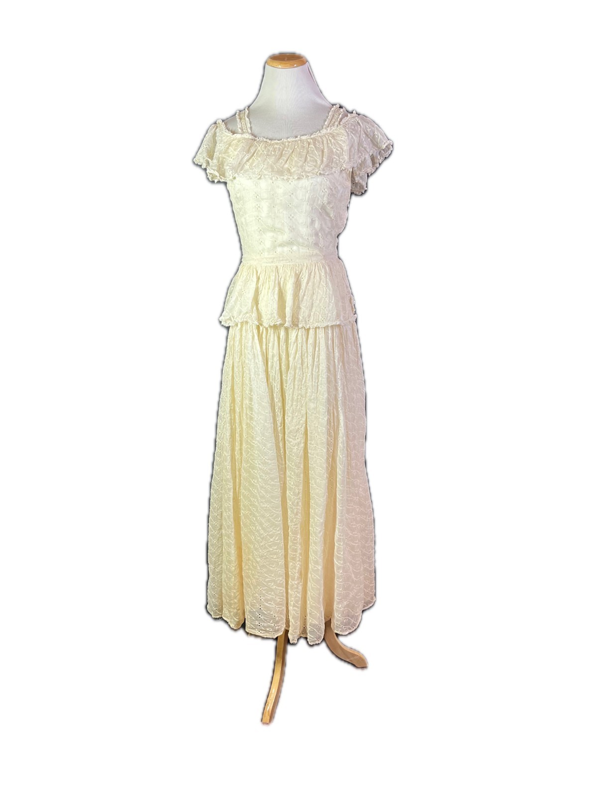 Vintage 1940s? Eyelet Lace Gown Peplum Cream *Flaws