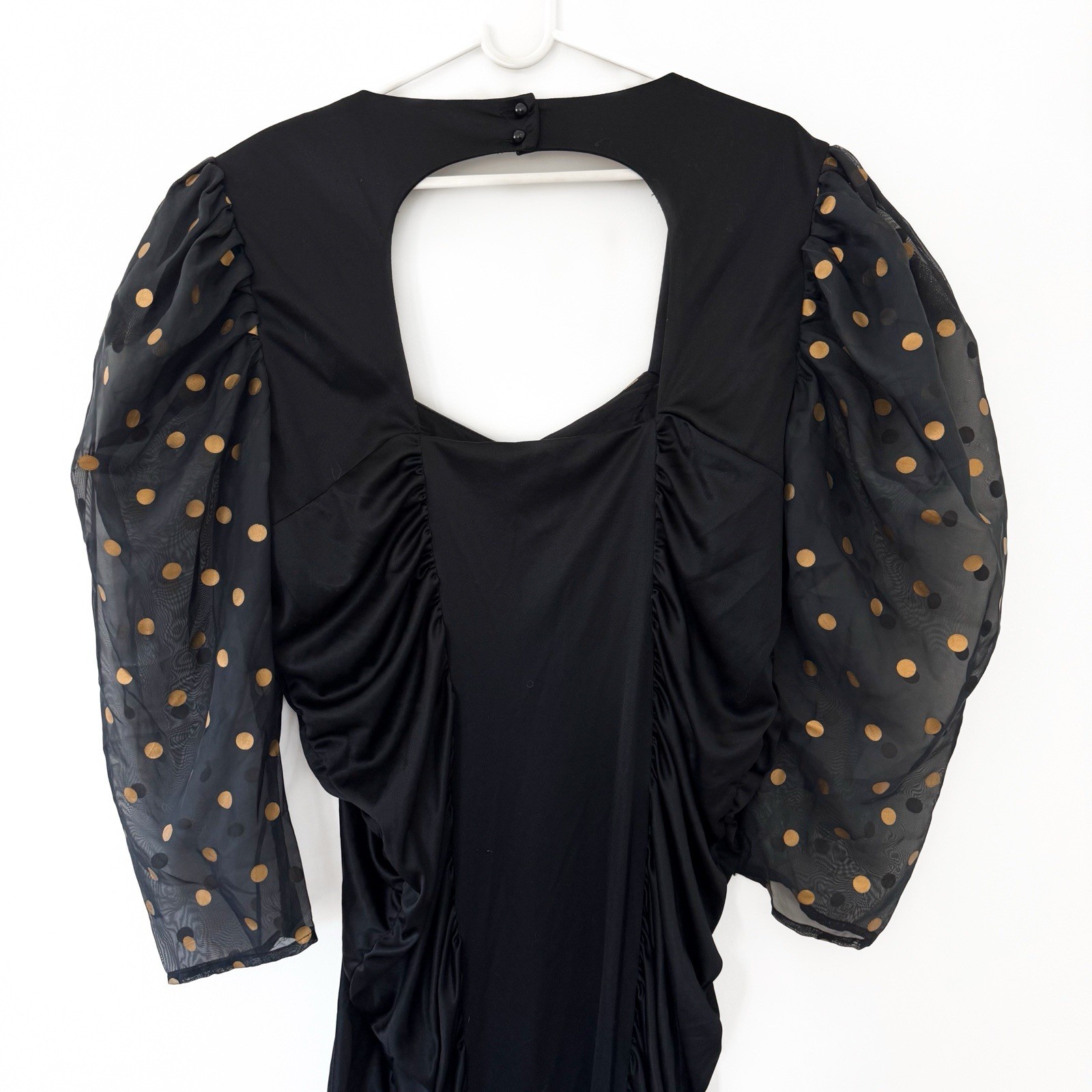 Mayvens of California 1980s Vintage Black and Gold Polka Dot Formal Party Dress