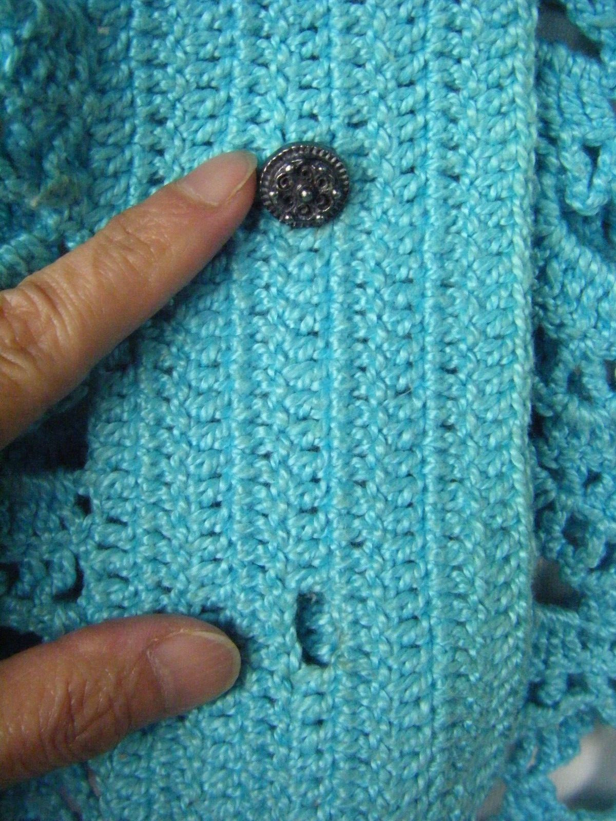 Vtg 60-70s Handmade Blue Crochet Eyelet Cardigan & Skirt-Bust 38/Waist 23-28