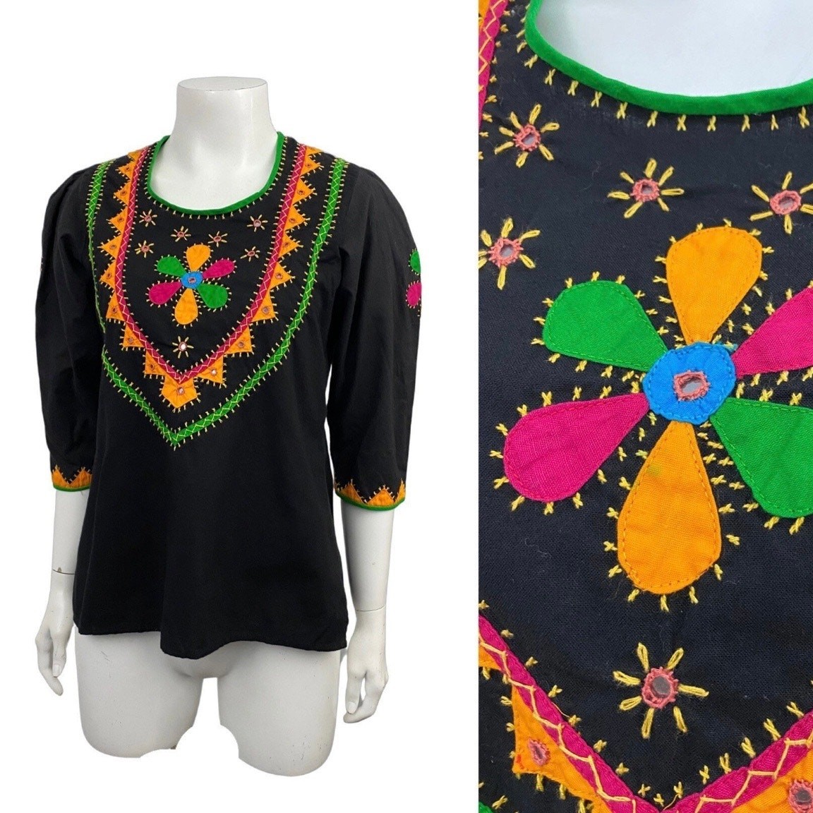 Vintage Boho Embroidered Folk Blouse Black Festival Hippie Top Tunic / Small ^