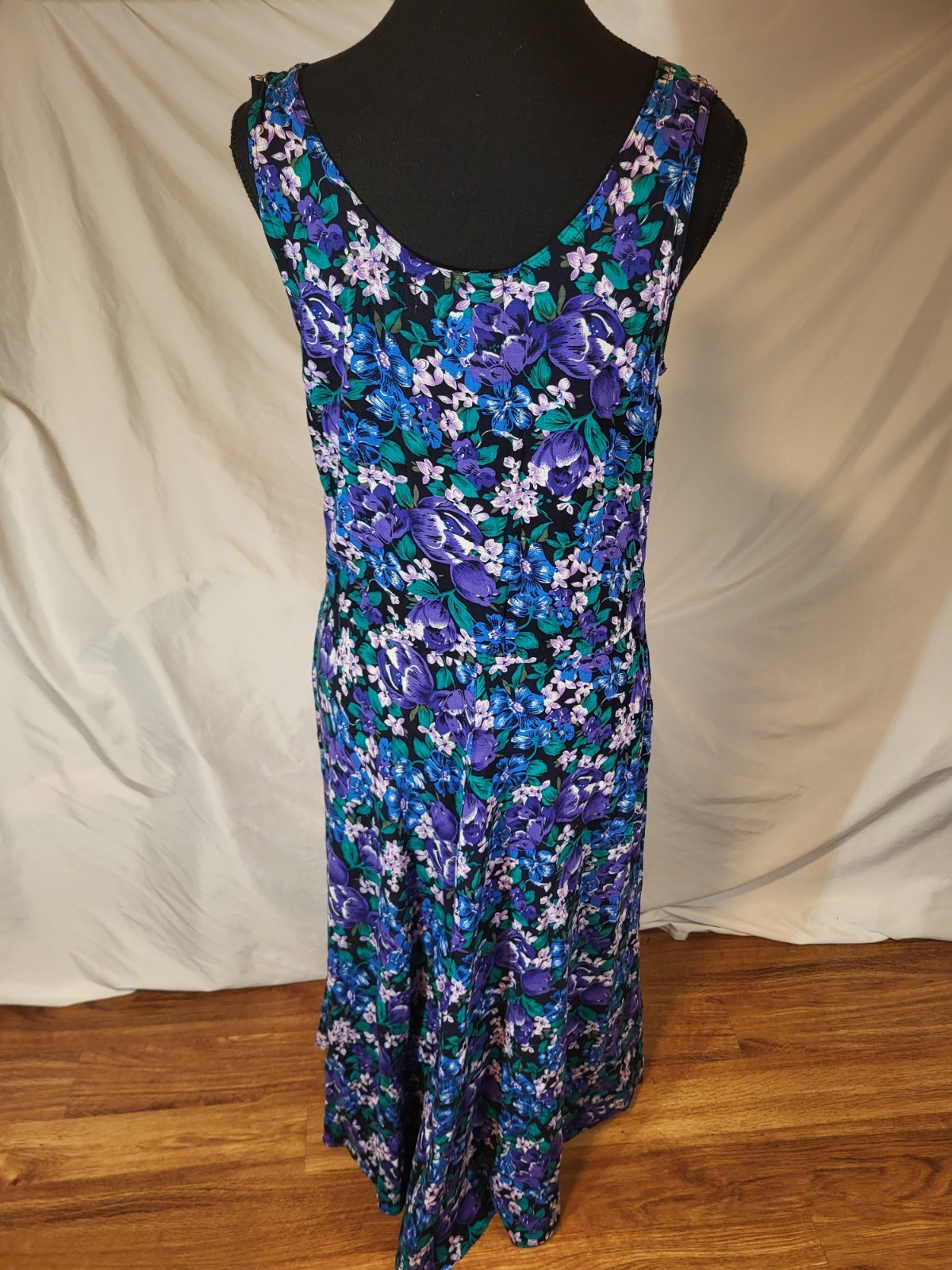 Vintage S Roberts Size 11 Dress Purple Green Blue Floral Button Front Sleeveless