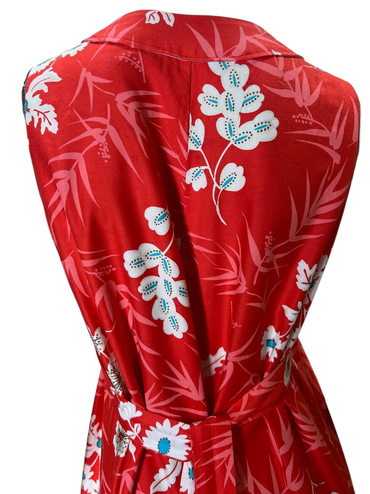 Sz M Vtg 70s Maxi Dress Cross Tie Coral Floral Polished Cotton Center Split