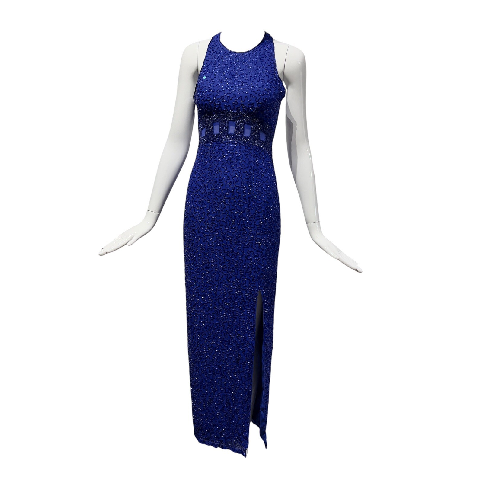 Vintage 80s-90s Andretta Donatello 100% Silk Fully Beaded Blue Gown Dress Size S