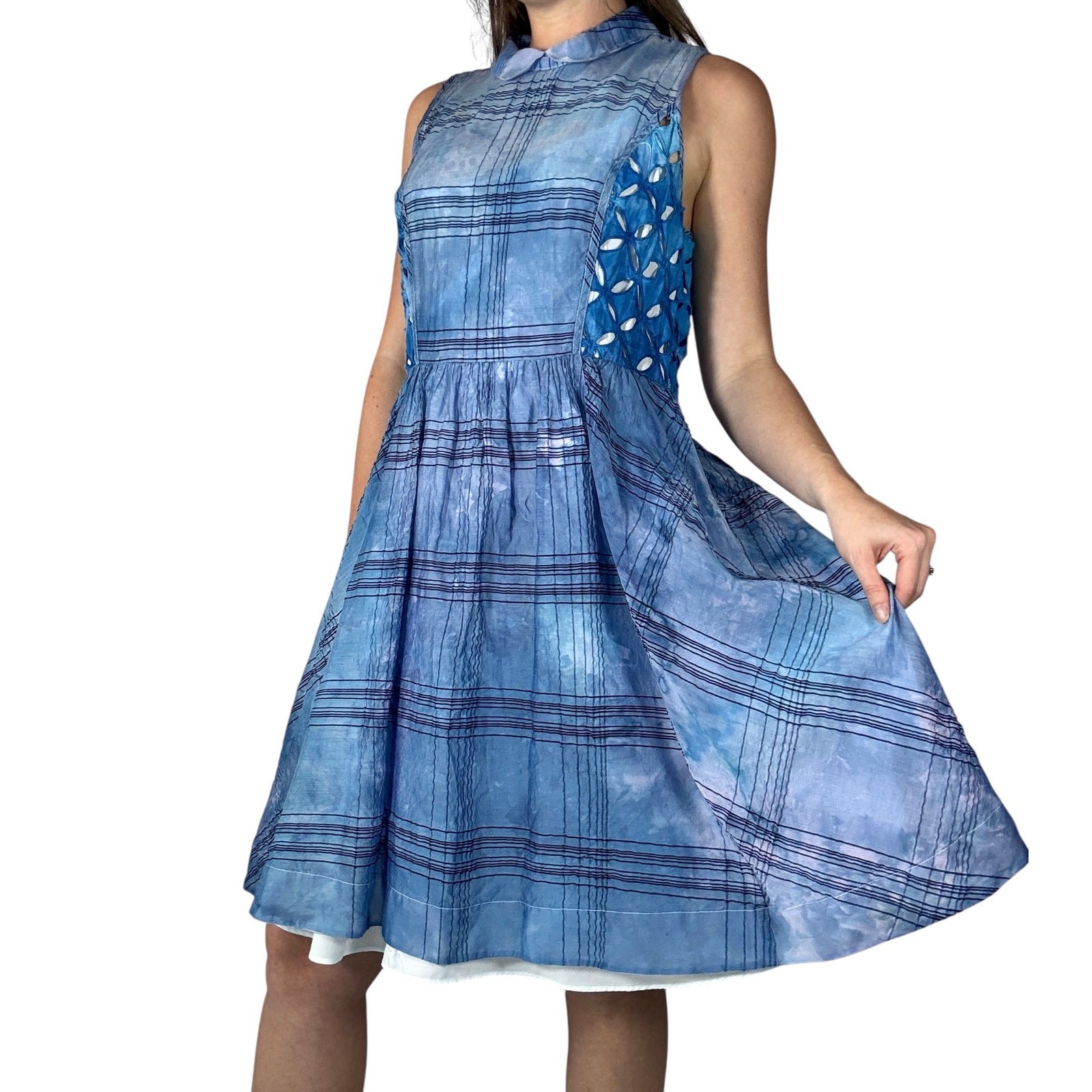 Vintage 1950s Hand Dyed Blue Ice Dye Fit & Flare Cotton Dress Crinoline