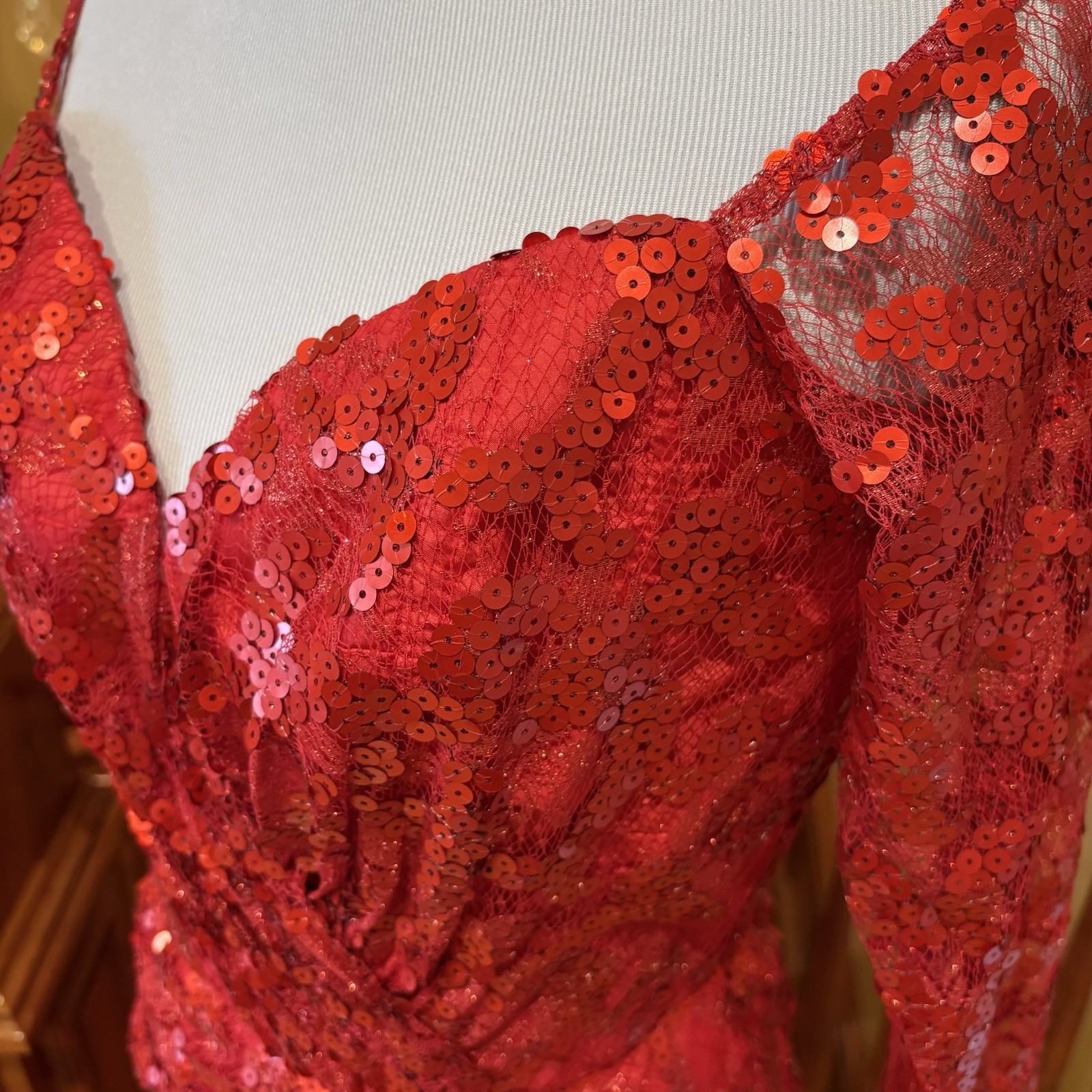 1980s Vicky Tiel Vintage Red Sequin Beaded Metallic Lace Nordstrom Dress 6