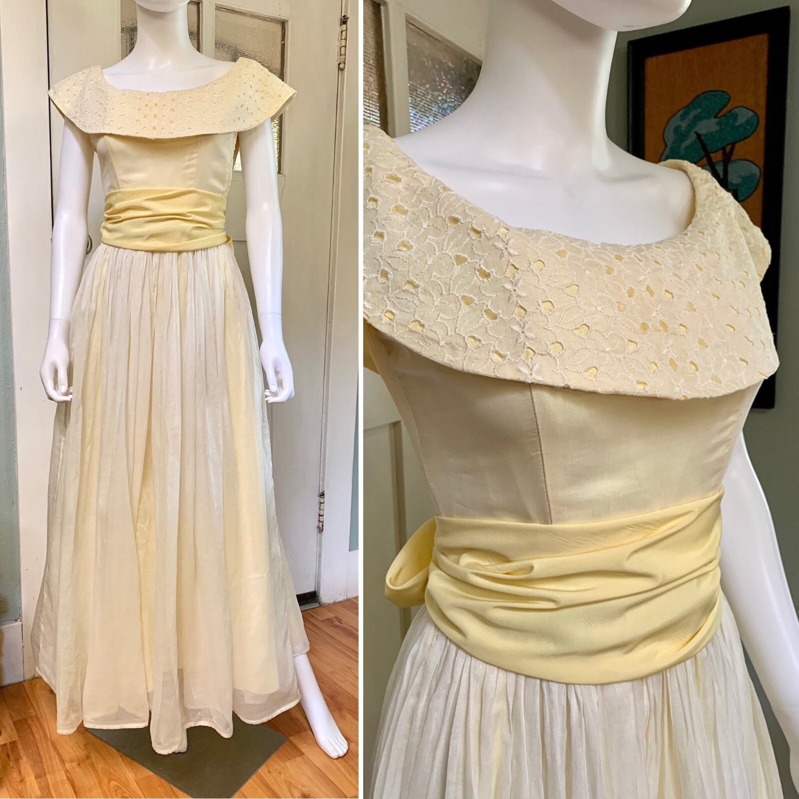 Vintage 40s 50s XSmall Party Lines by Emma Domb yellow white lace and voile gown