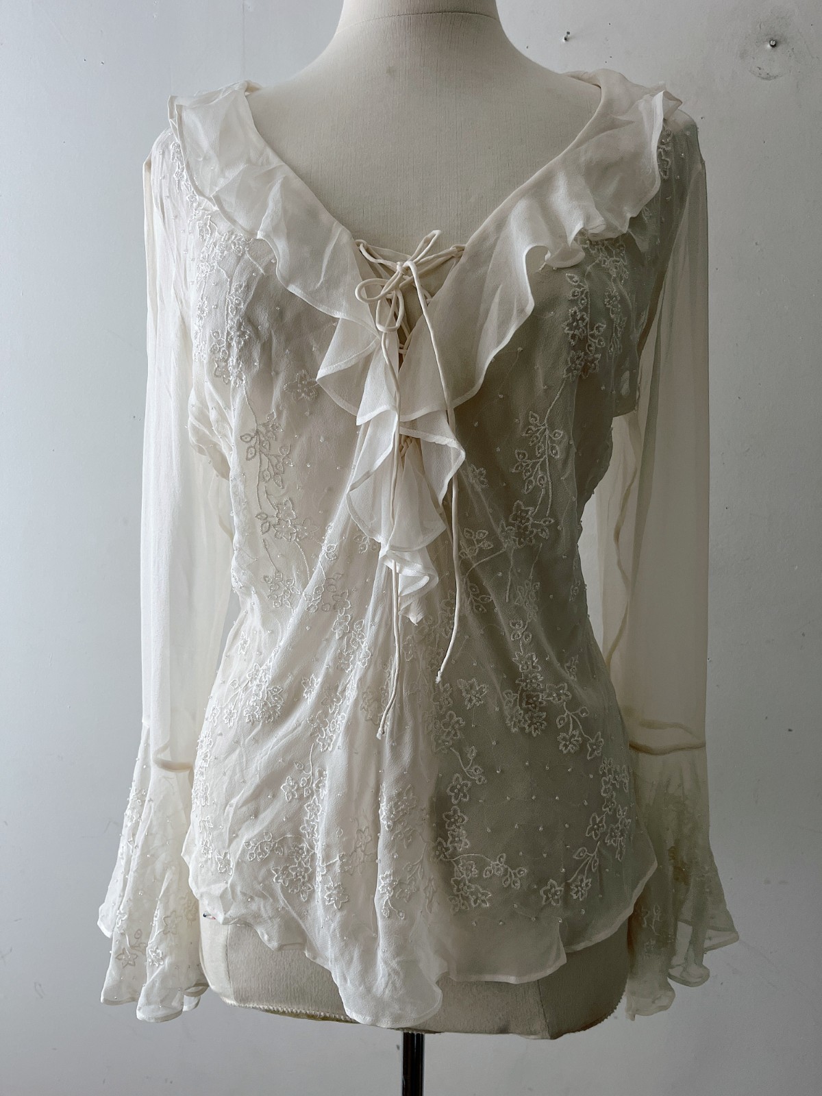 Vintage Ice Ivory Silk Beaded Floral Cami Black Lace Whimsigoth Top M/L