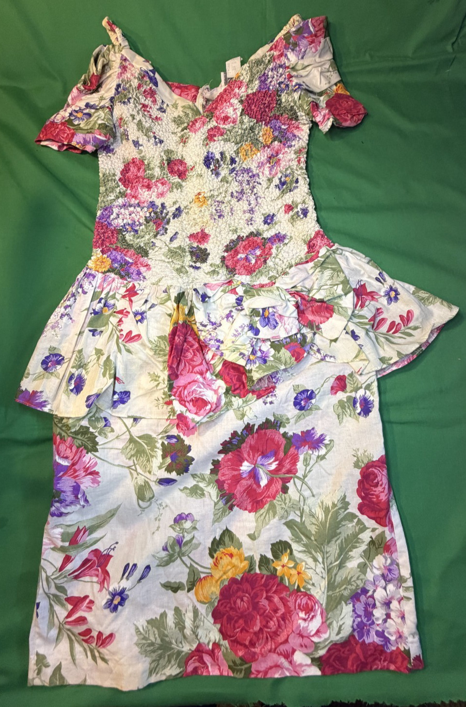 🌸✨ Vintage EXPO Women’s Midi Dress Size 8 👗 White Pink sFloral 80s Off-The-Sho