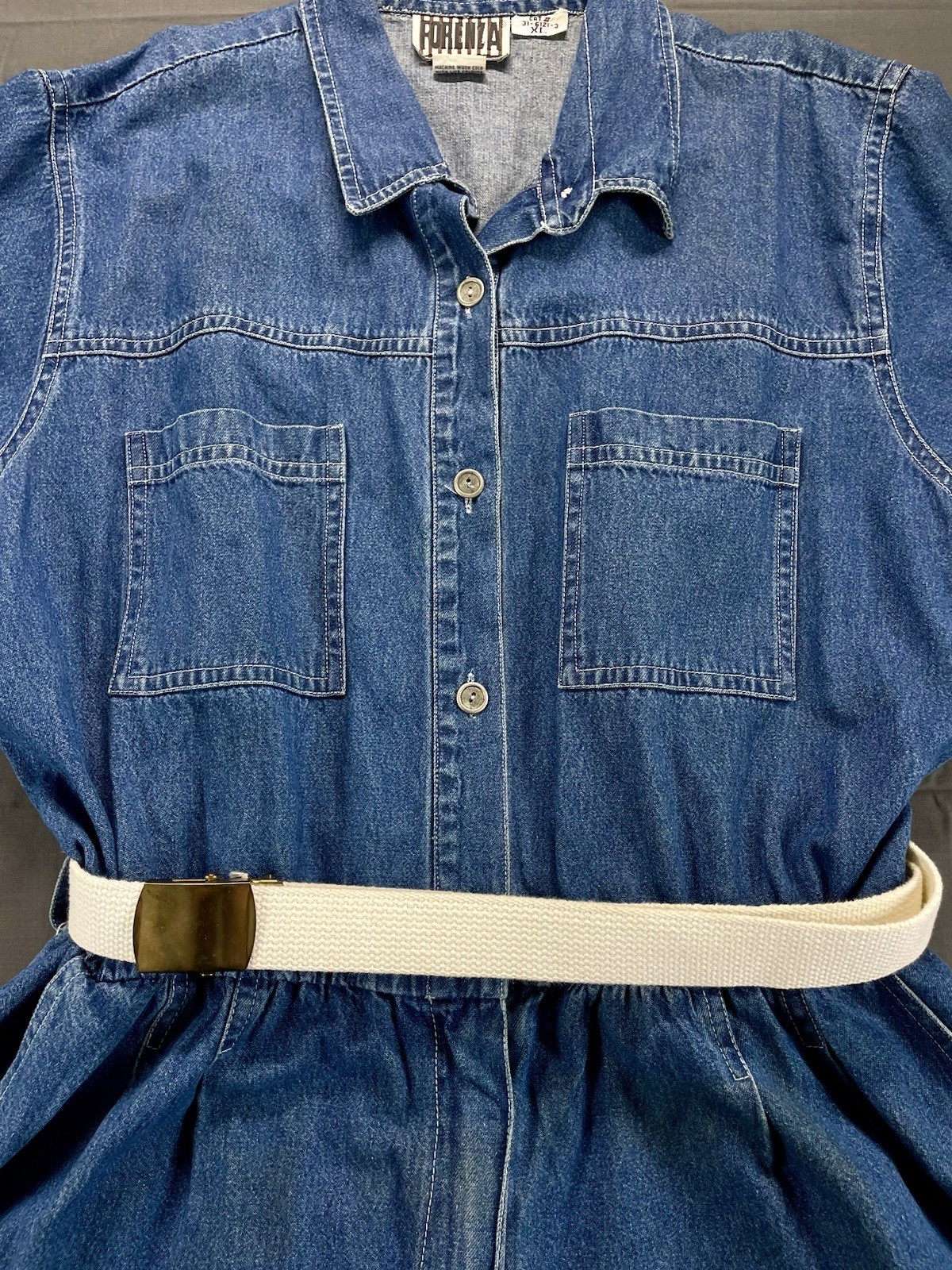 Vintage 1980s Forenza Denim Romper Jumpsuit XL Blue Utility Metal Button Belted