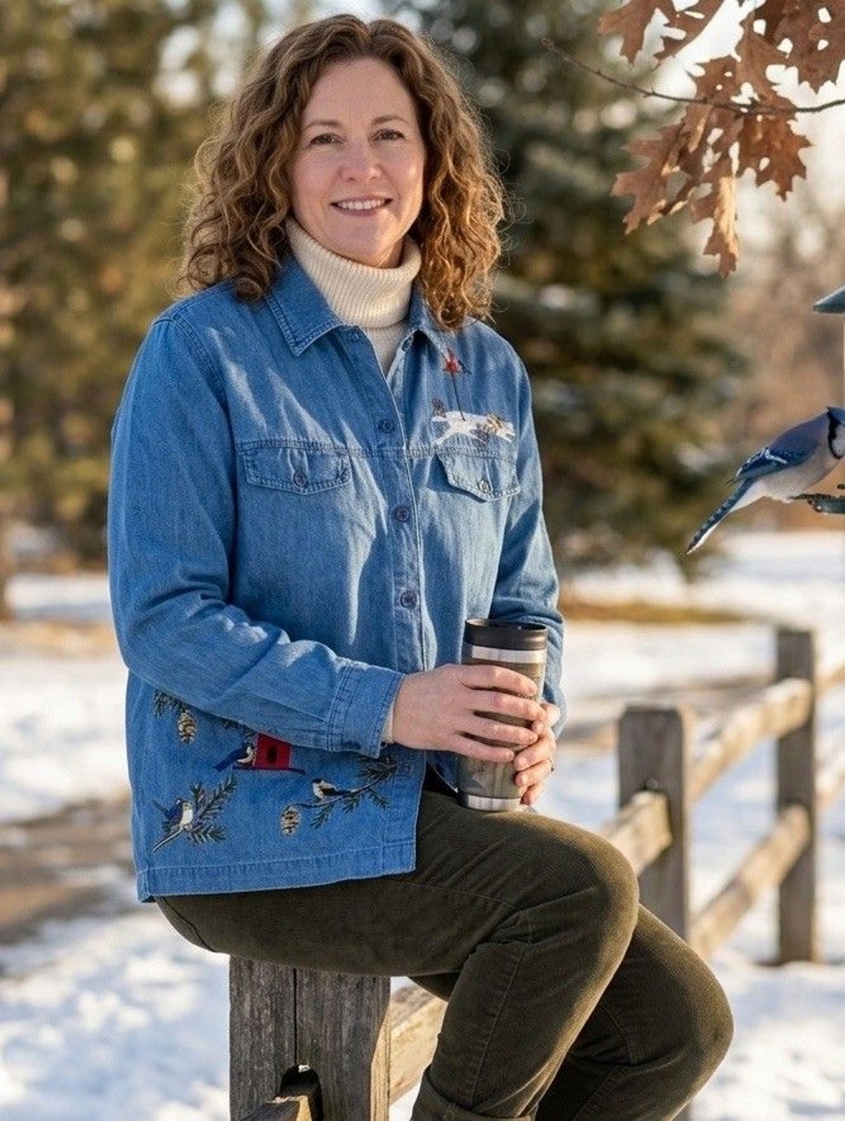 Breckenridge Denim Shirt XL Embroidered Birds Cardinal Chickadee Winter Festive