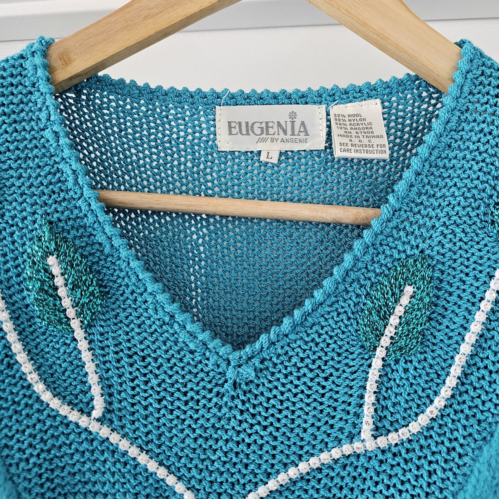 1980s 1990s Vintage Knit Turquoise Angora Sweater Eugenia By Angenie Vneck #97