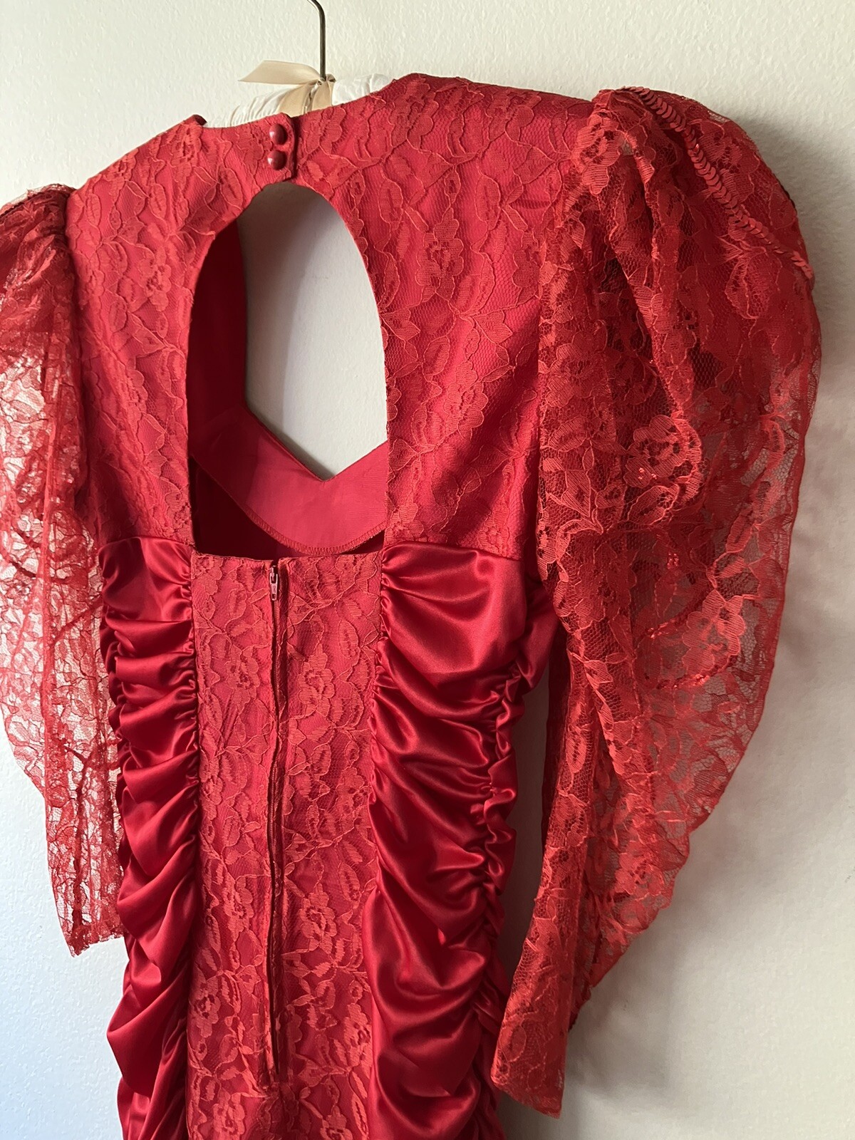 Vintage ’80s Mayvens Bright Red Prom Party Lace Sleeves Satin Ruching XS