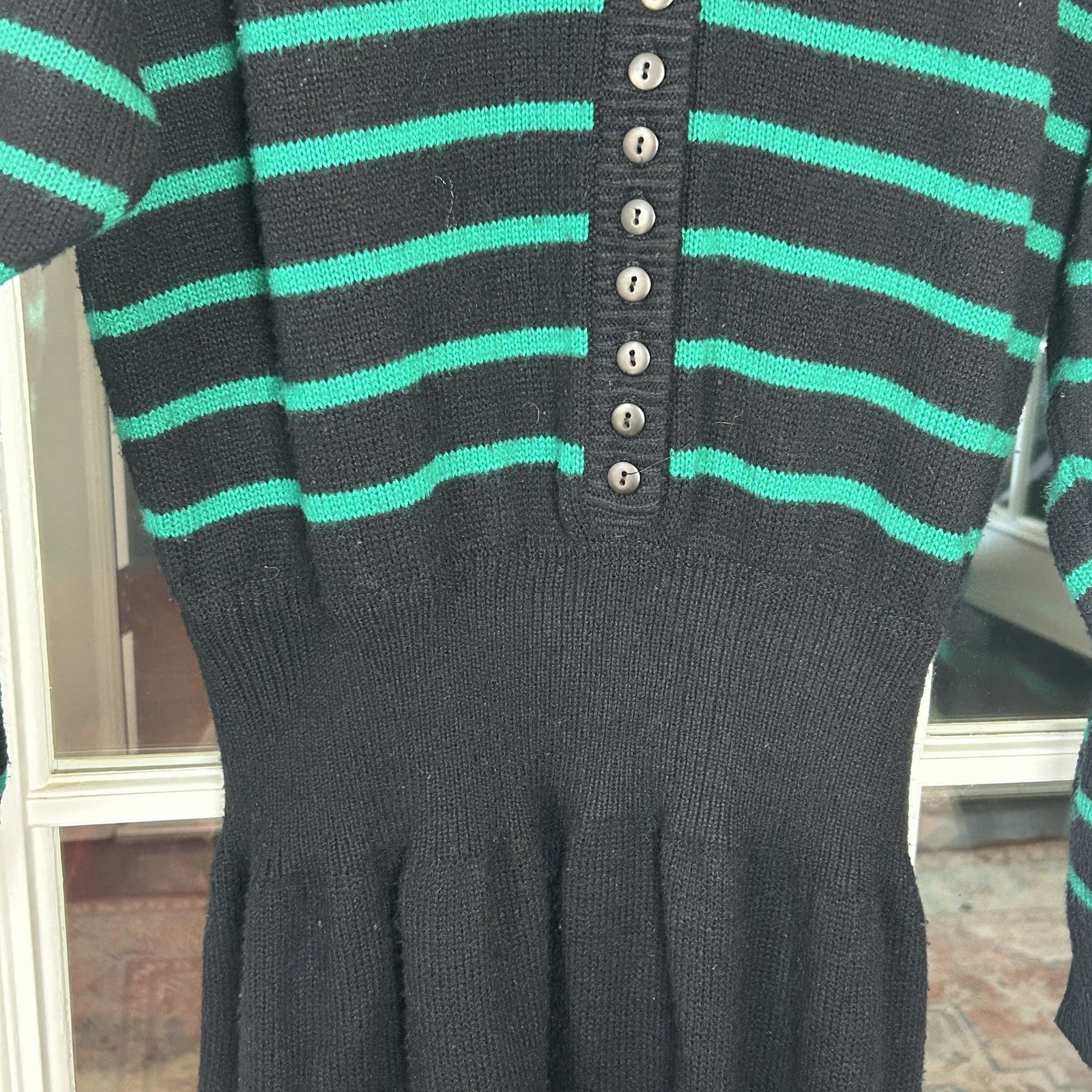 Vintage 70’s 80’s Sweater Dress Navy Blue And Green Striped Size Large