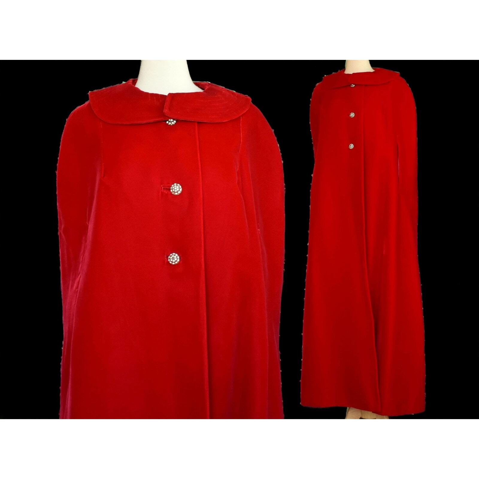 Vintage 60s Red Velvet Ankle Length Cape, Rhinestone Buttons, Size M, L, XL