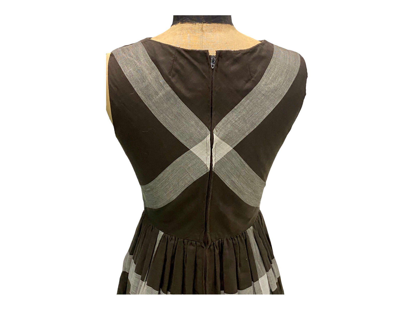 Vintage 1960s Brown Gray Striped Cotton Fit & Flair Dress Small