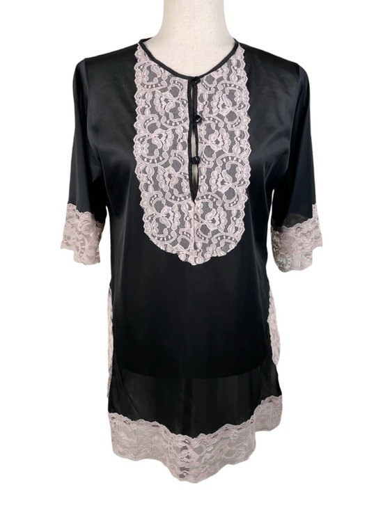 Vintage 60s Erica Loren Black Cream Lace Tunic Nightie Lingerie Top Coquette
