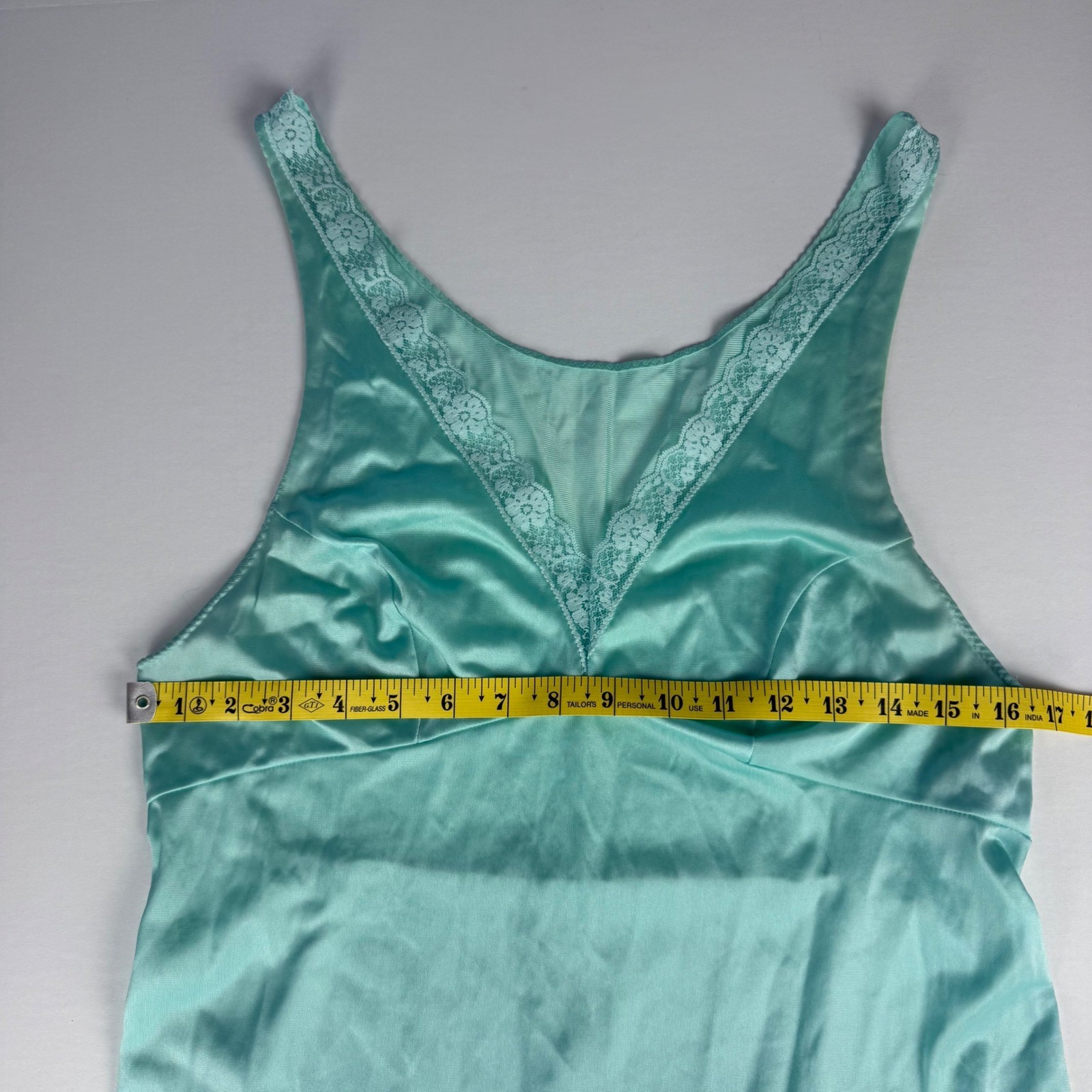 Vintage Aqua Mint Green Lace Trim Full Slip Dress V-Neck Nightgown 34 Bust M