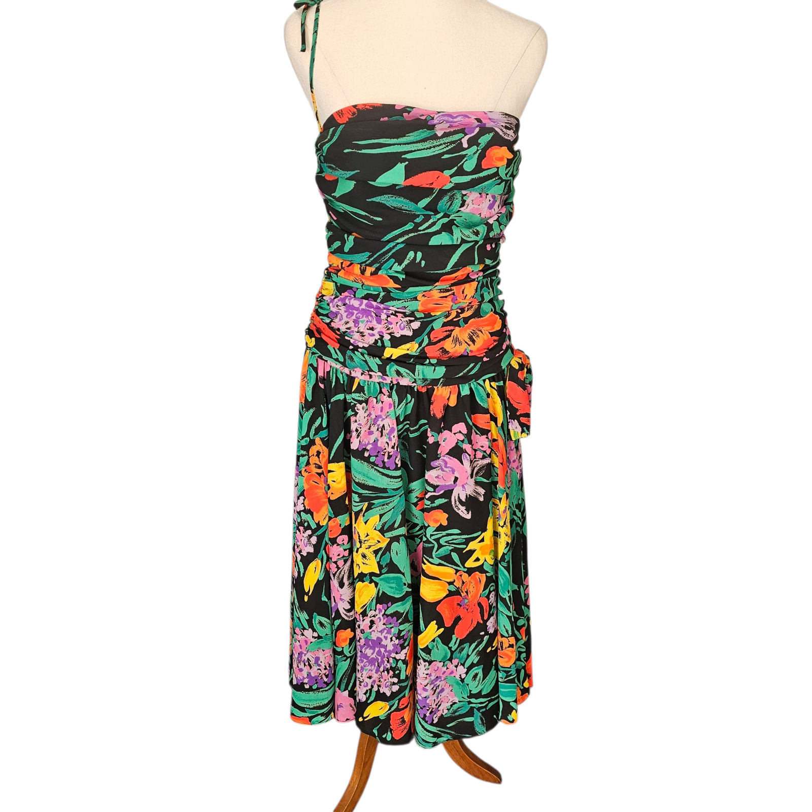 Masquerade 1980s Ruched Drop Waist Prom Party Dress Tropical Floral Size XS READ