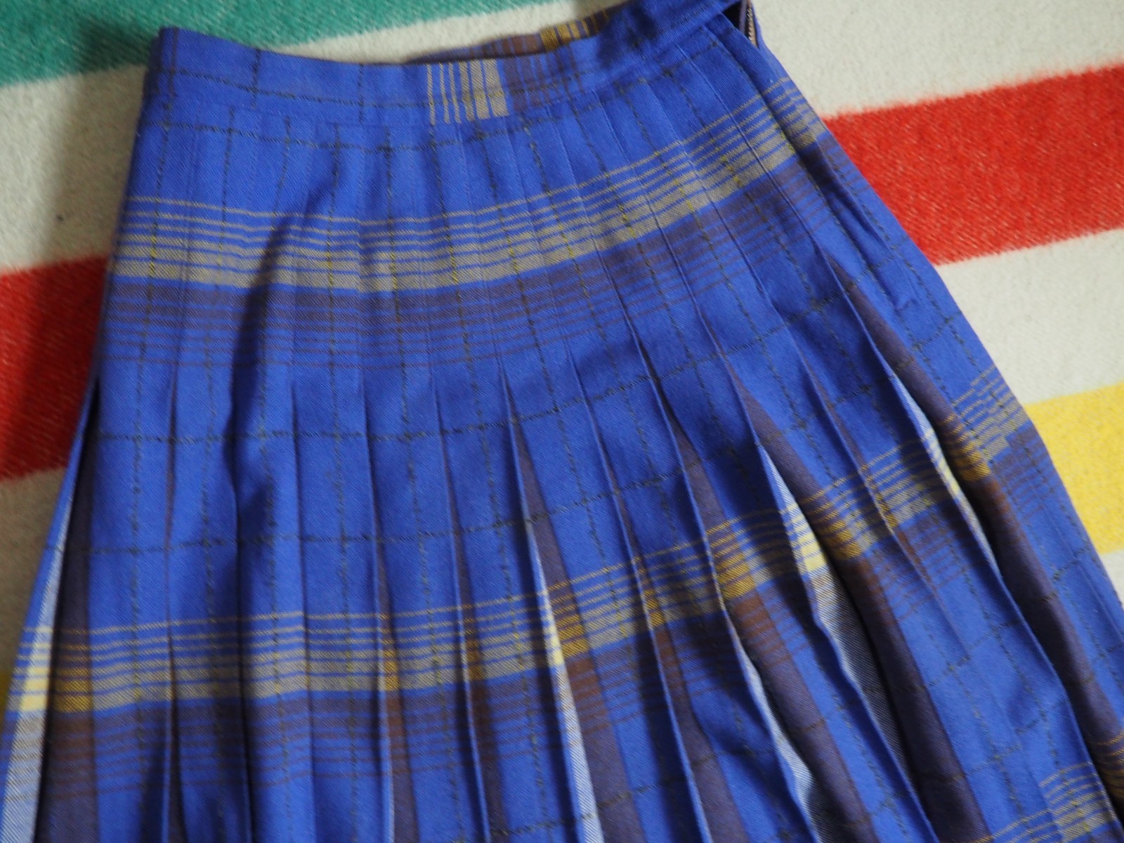 VTG 50s 60s Purple Blue Yellow Turnabout Wool Plaid Boho 27W Tartan Skirt Womens