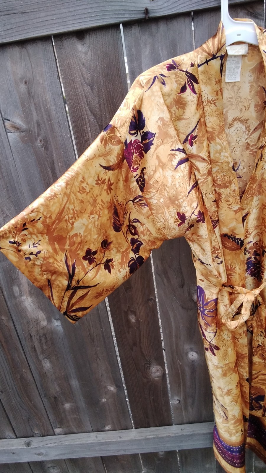 Vintage Womens Robe Silky Belted 80s Gold Purple Print Shoukder Pads Small