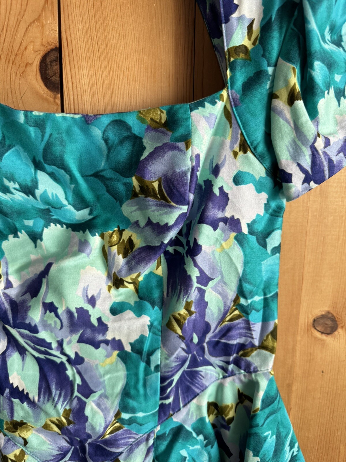 VTG 80s Barbara Barbara Floral Fitted Cotton Dress Bright Teal Bust 30 Waist 28