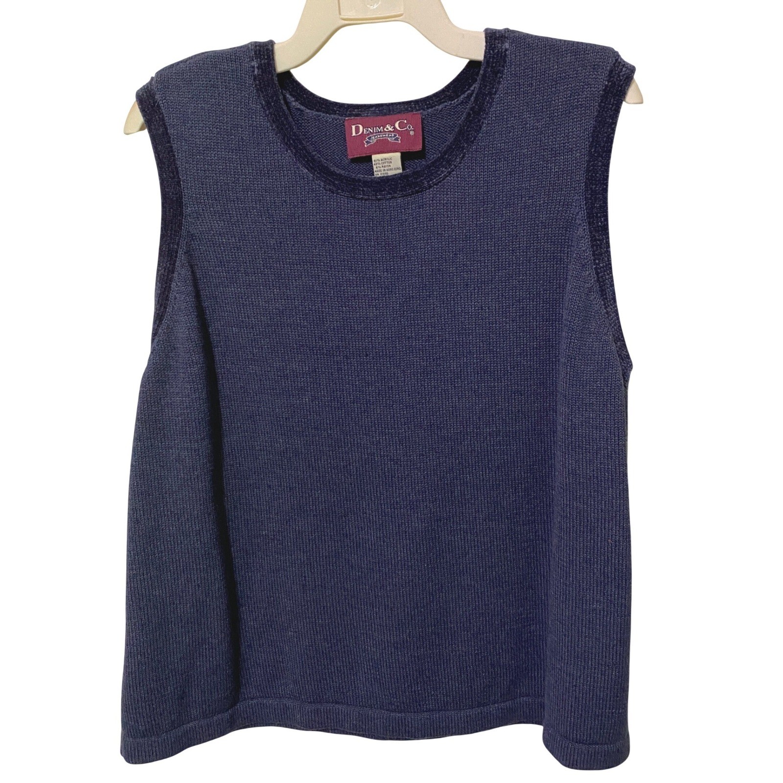 Vtg 90s Denim & Co Womens Scoop Neck Sweater Vest 2X Blue Preppy Dark Academia