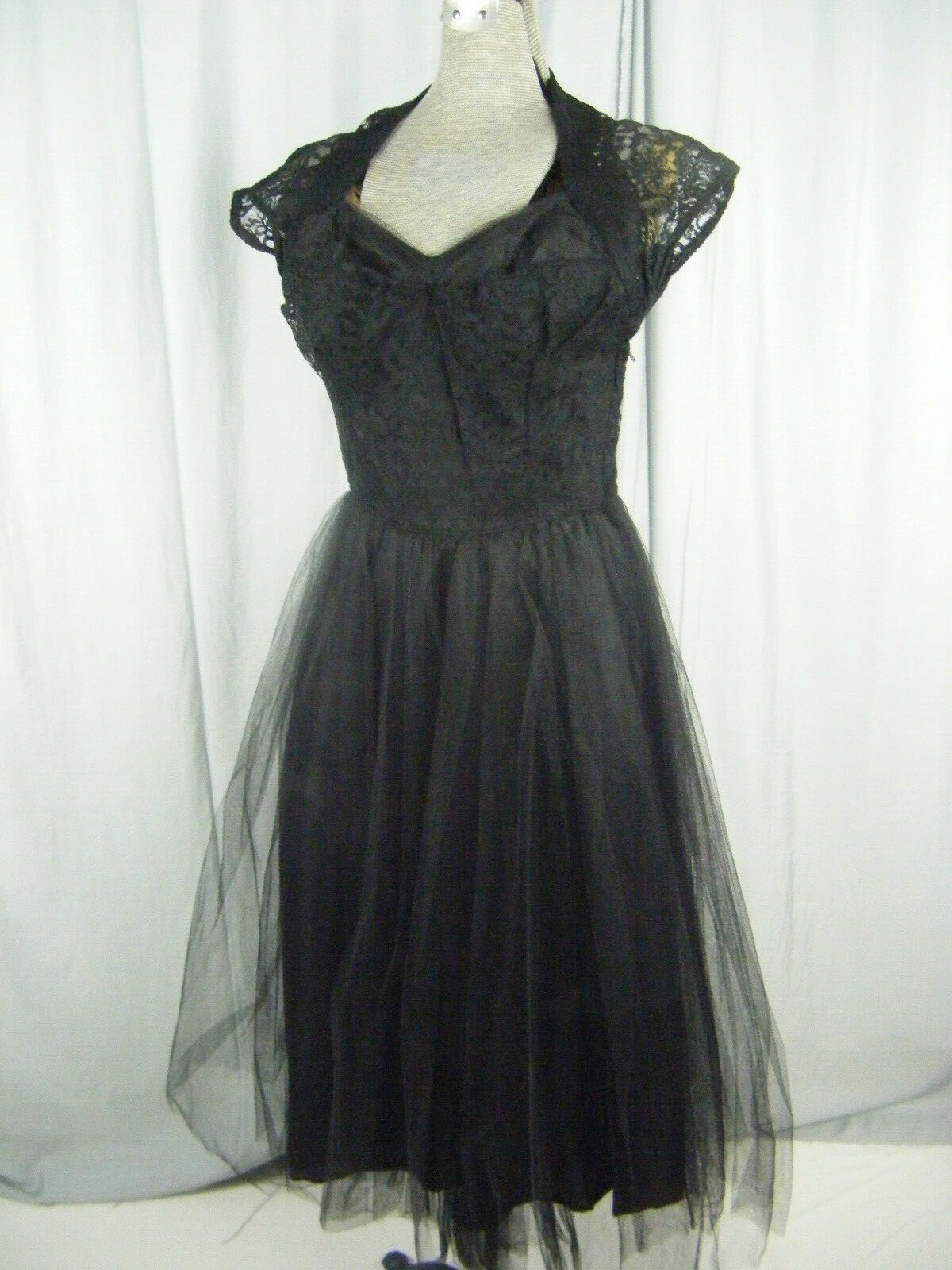 Vtg 50s Black Illusion Sheer Floral Lace/Tulle Net Party Dress-Bust 34/XS