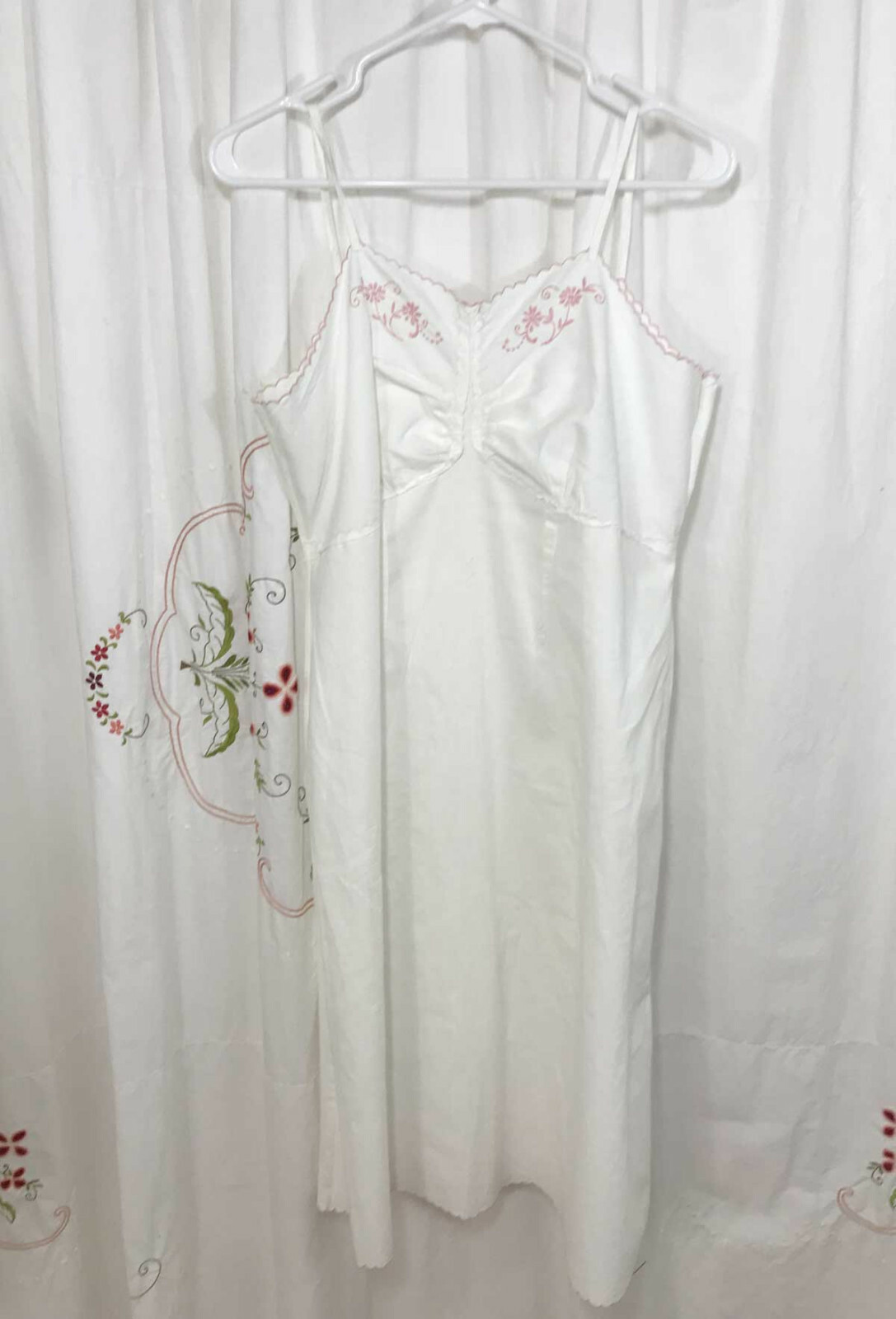 Vtg French White Cotton Slip Summer Day Dress Nightgown Pink Embroidery sz M/L