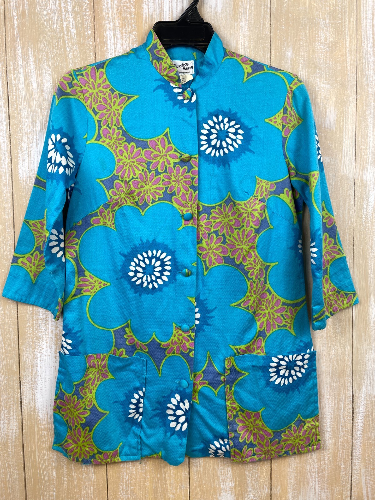 Vintage Paradise Hawaii Hawaiian Jacket Top Honolulu Blue Floral Women’s Sz 10