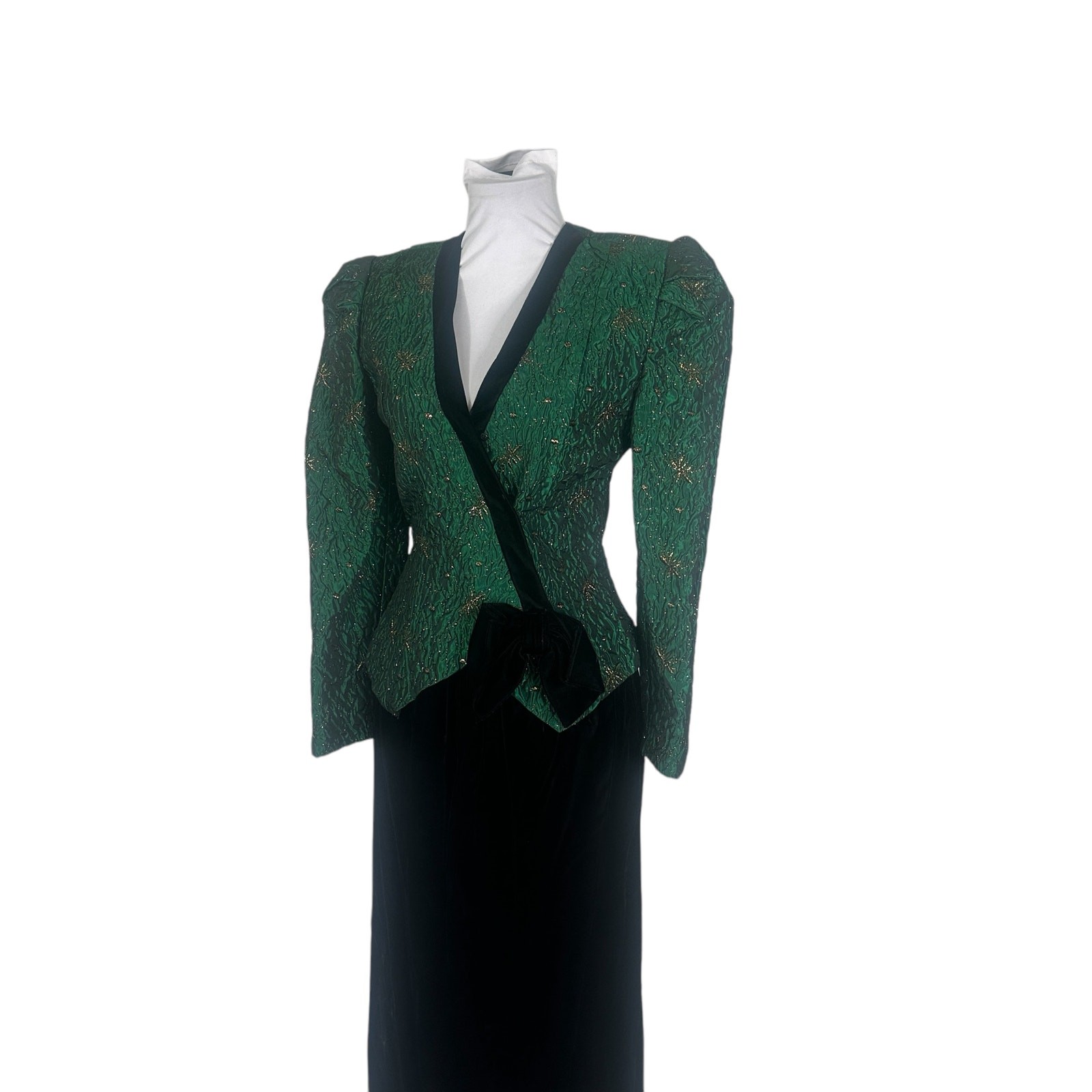 Vintage 1980s Green Gold Brocade and Velvet Two Piece Dress XS/S