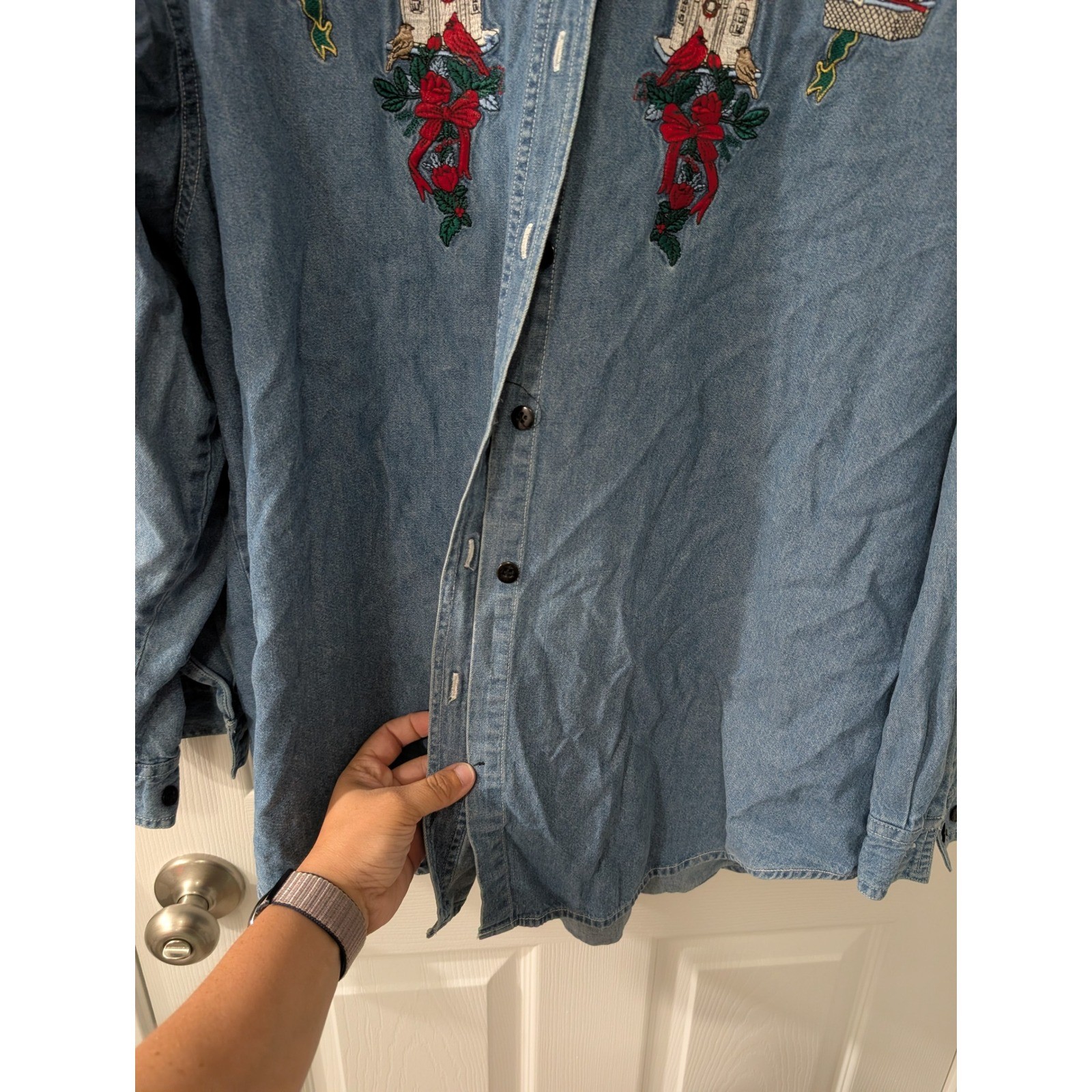 Vintage, 90s XL, Denim Button Down, Velvet Collar, Holiday Embroidery, Cardinal