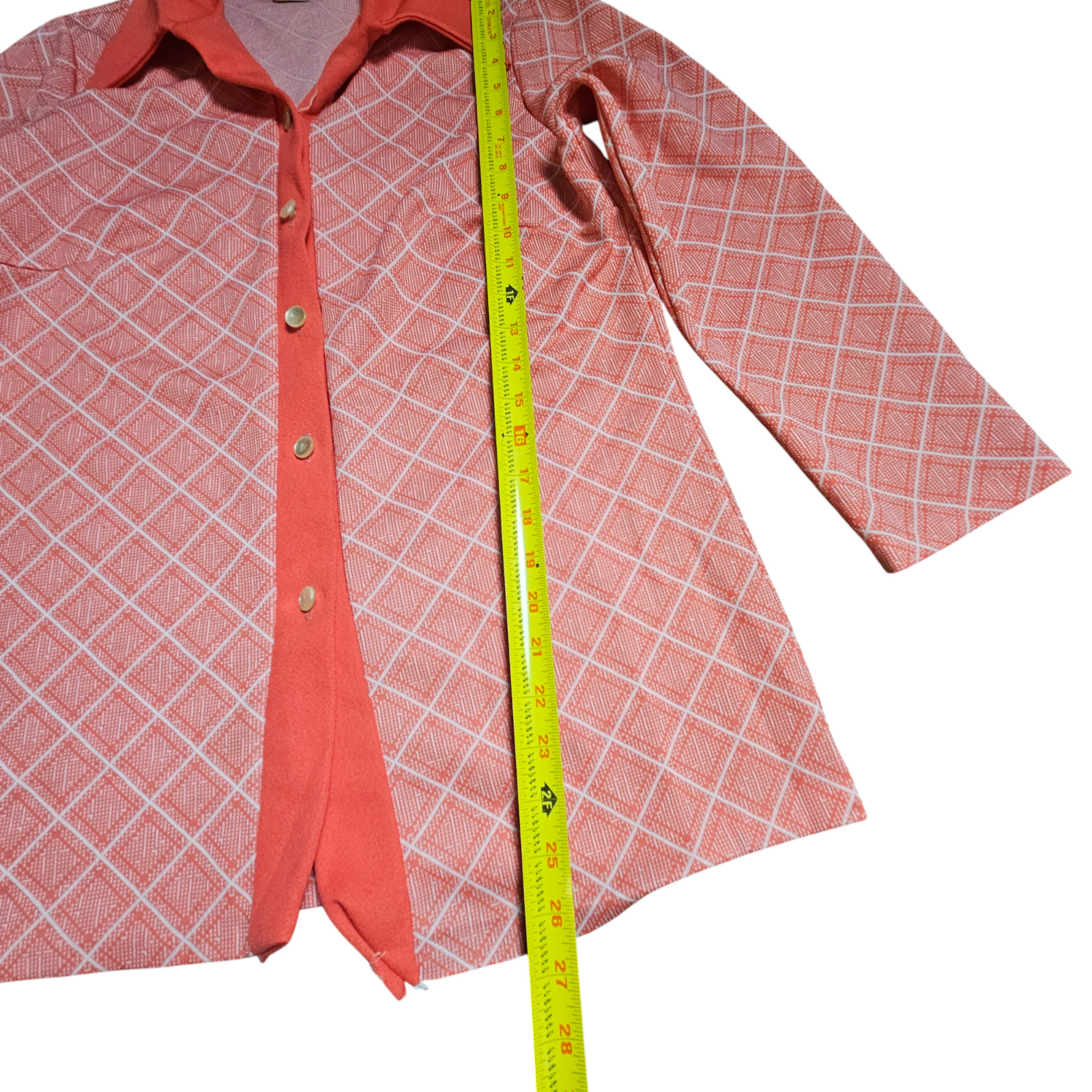 Vintage 70s Argyle Diamond Print Knit Button Up Blouse Top 14 Orange Disco Retro