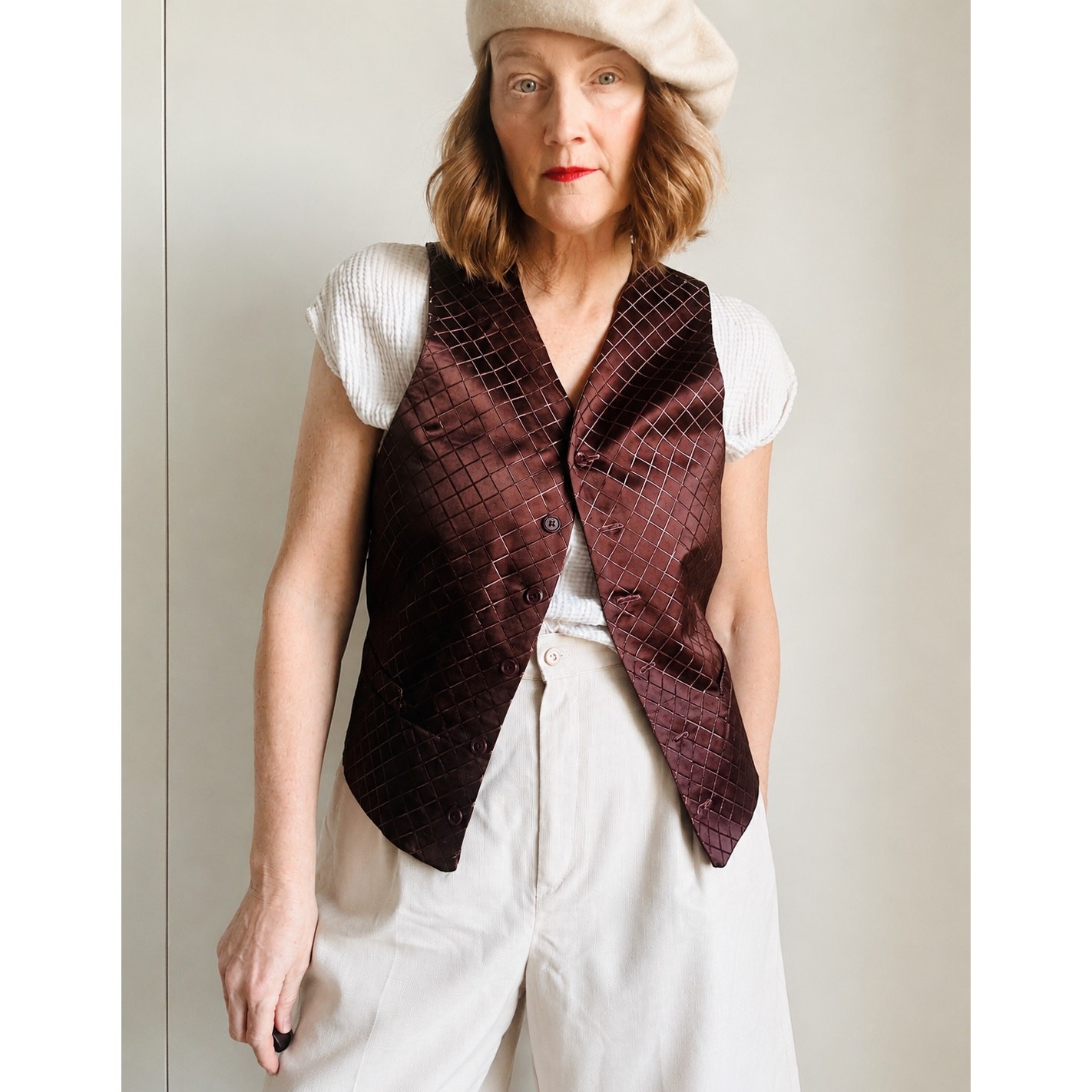 Vintage Sateen Windowpane Waistcoat Vest Womens M/L Brown Menswear Inspired