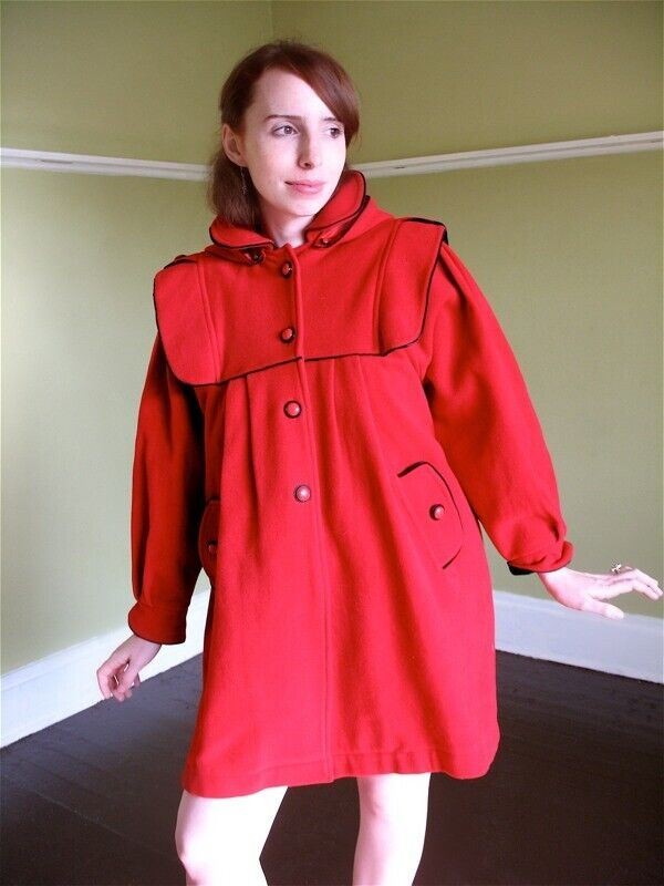VTG Little Red Riding Hood Wool Coat Incredible Pleating & Details Blk Trim S M