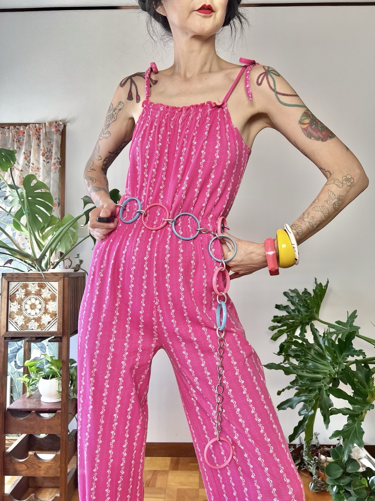 vintage 70s Hot Pink Disco Jumpsuit Floral Stripe Tie Strap Boho Stretch XS S M