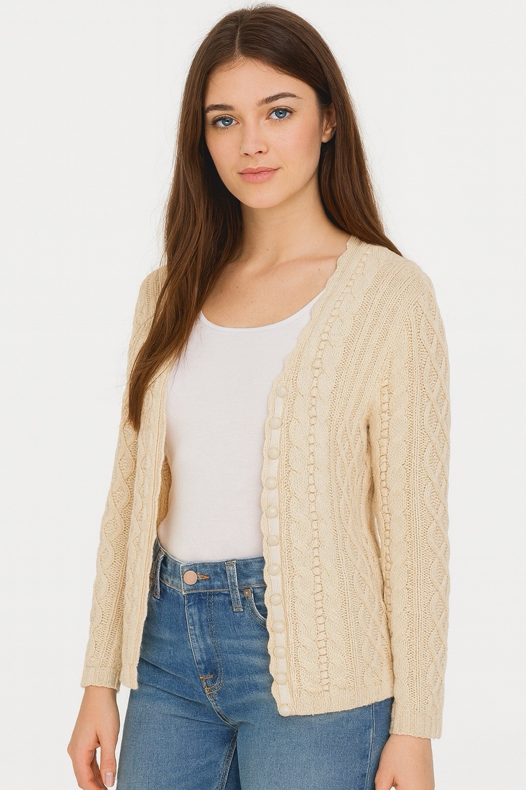 100% Cashmere Vintage Cardigan Sweater Soft Ivory Cable Knit Sz S-M Excellent