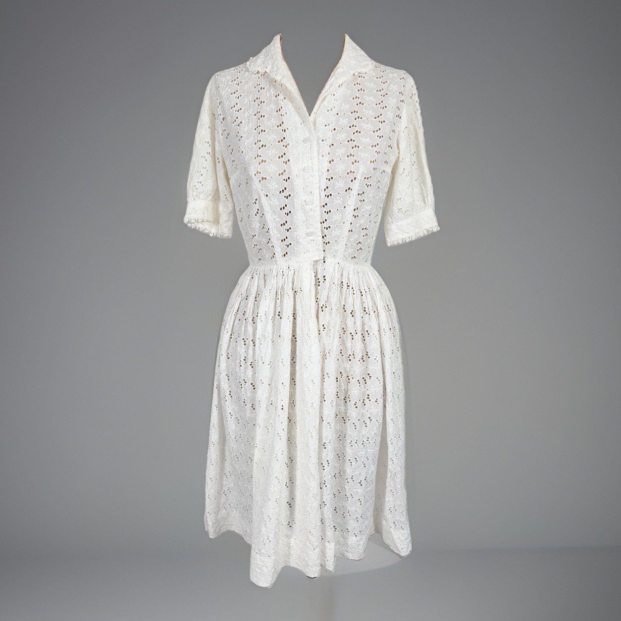 Vtg 1950s Henry Rosenfeld Eyelet Lace Button Up Collared Dress Womens Small