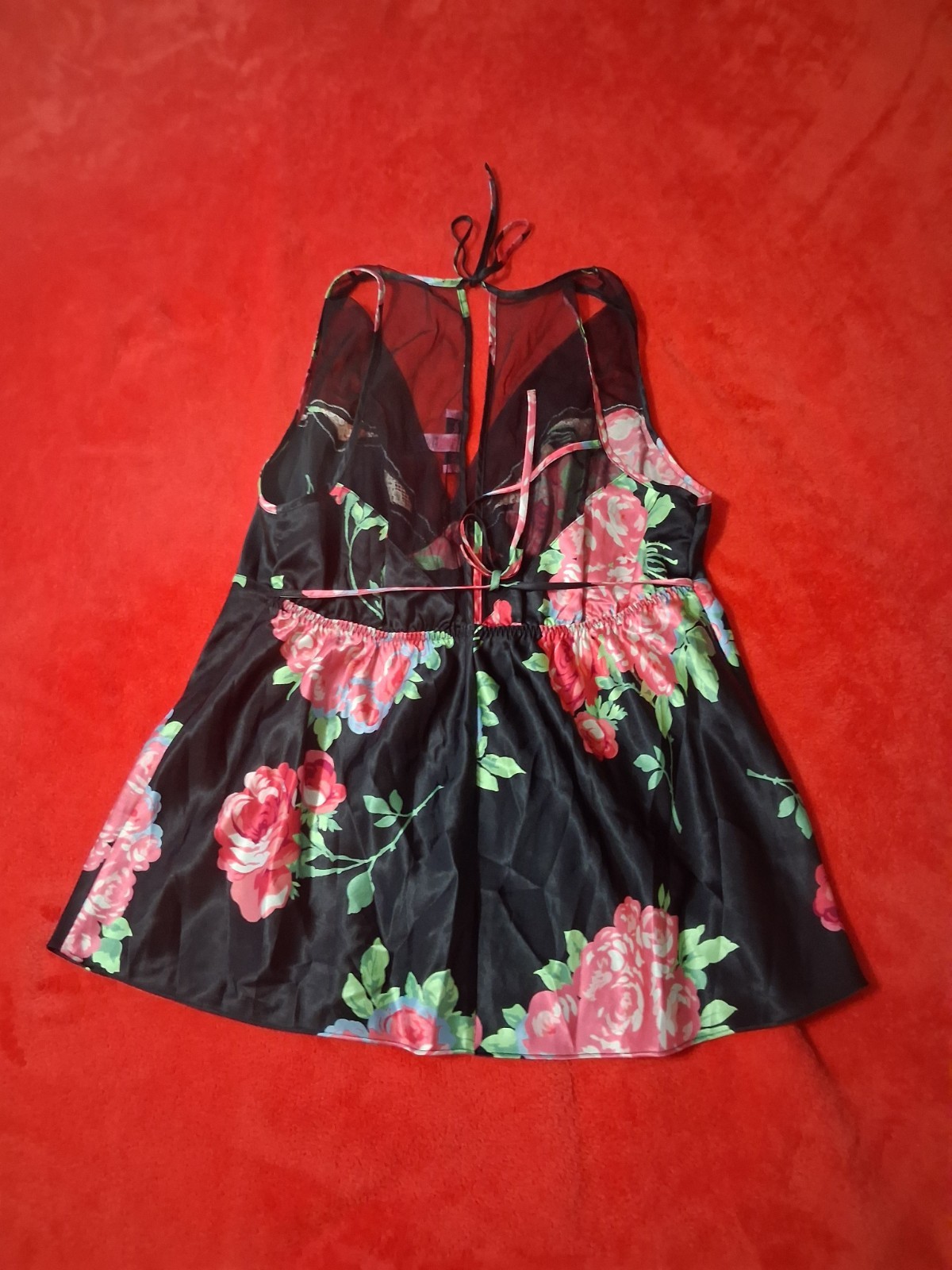 Betsey Johnson Large Cami Top Lingerie Vintage Nylon Black Floral Pretty